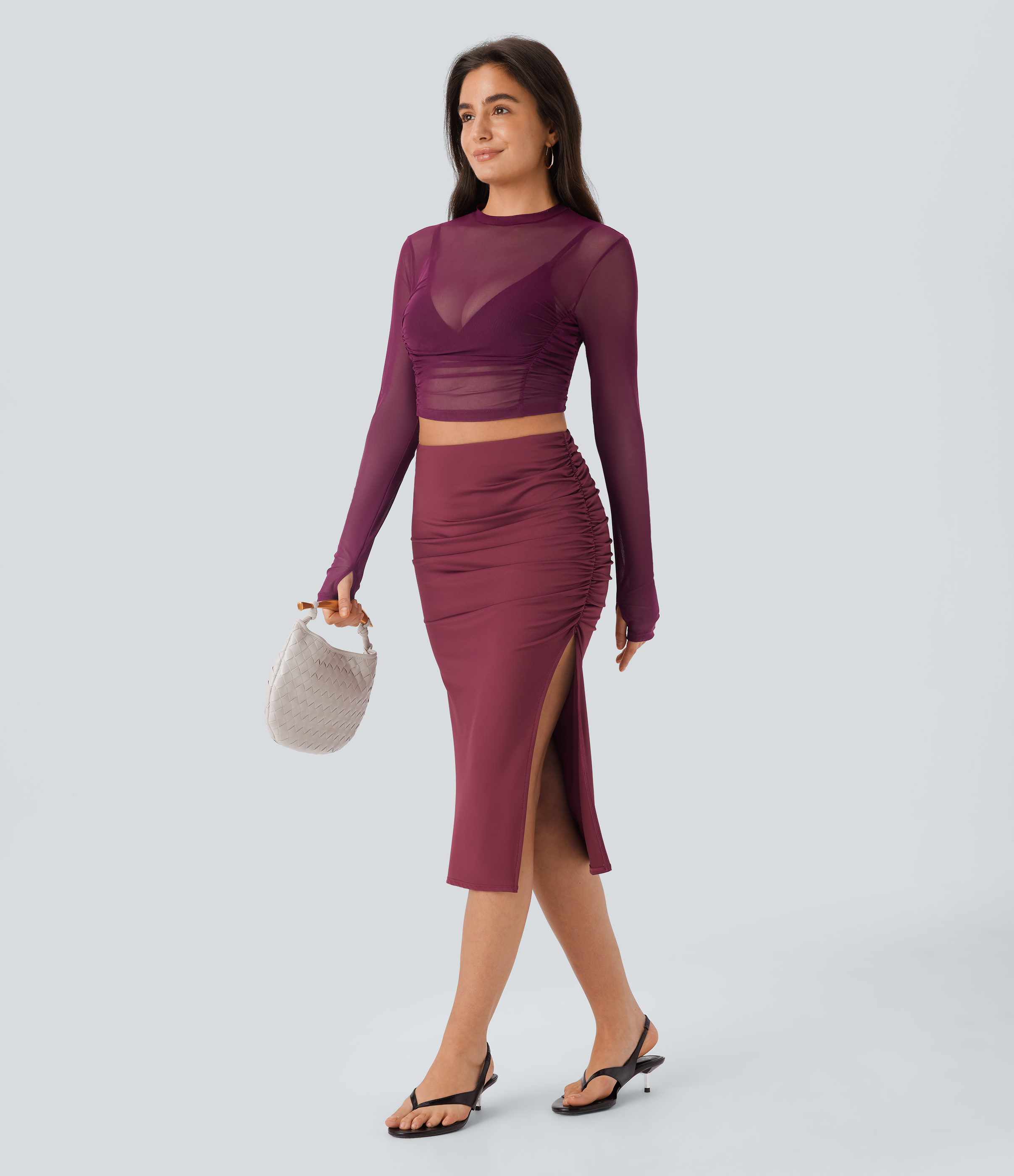 Halara Sheer Mesh Long Sleeve Thumb Hole Ruched Skinny Cropped Party Top Tank Top - Beaujolais - S golf tops halter top tunic tops 