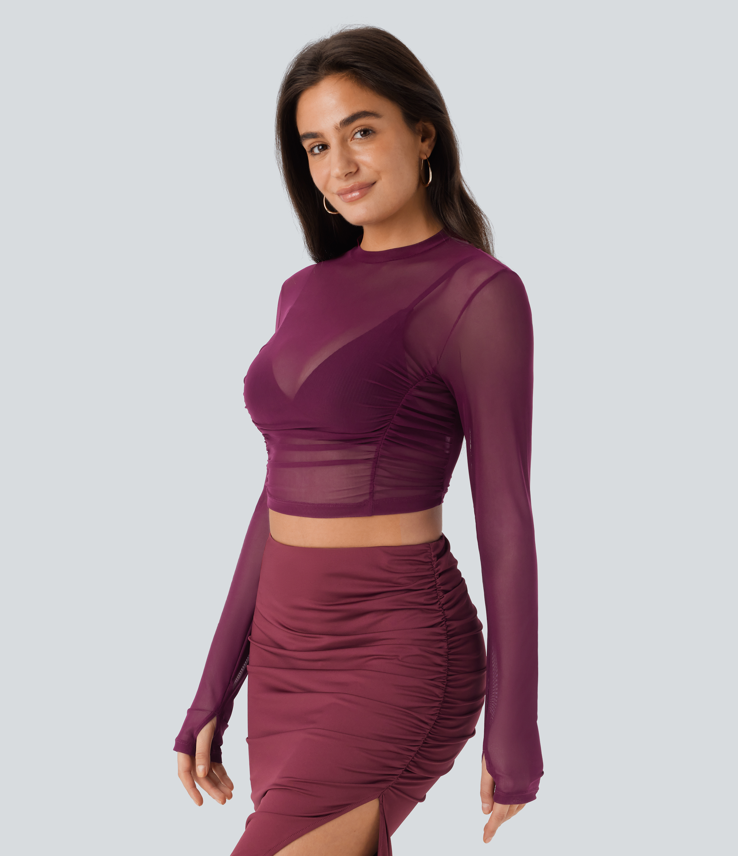Halara Sheer Mesh Long Sleeve Thumb Hole Ruched Skinny Cropped Party Top Tank Top - Beaujolais - S golf tops halter top tunic tops 
