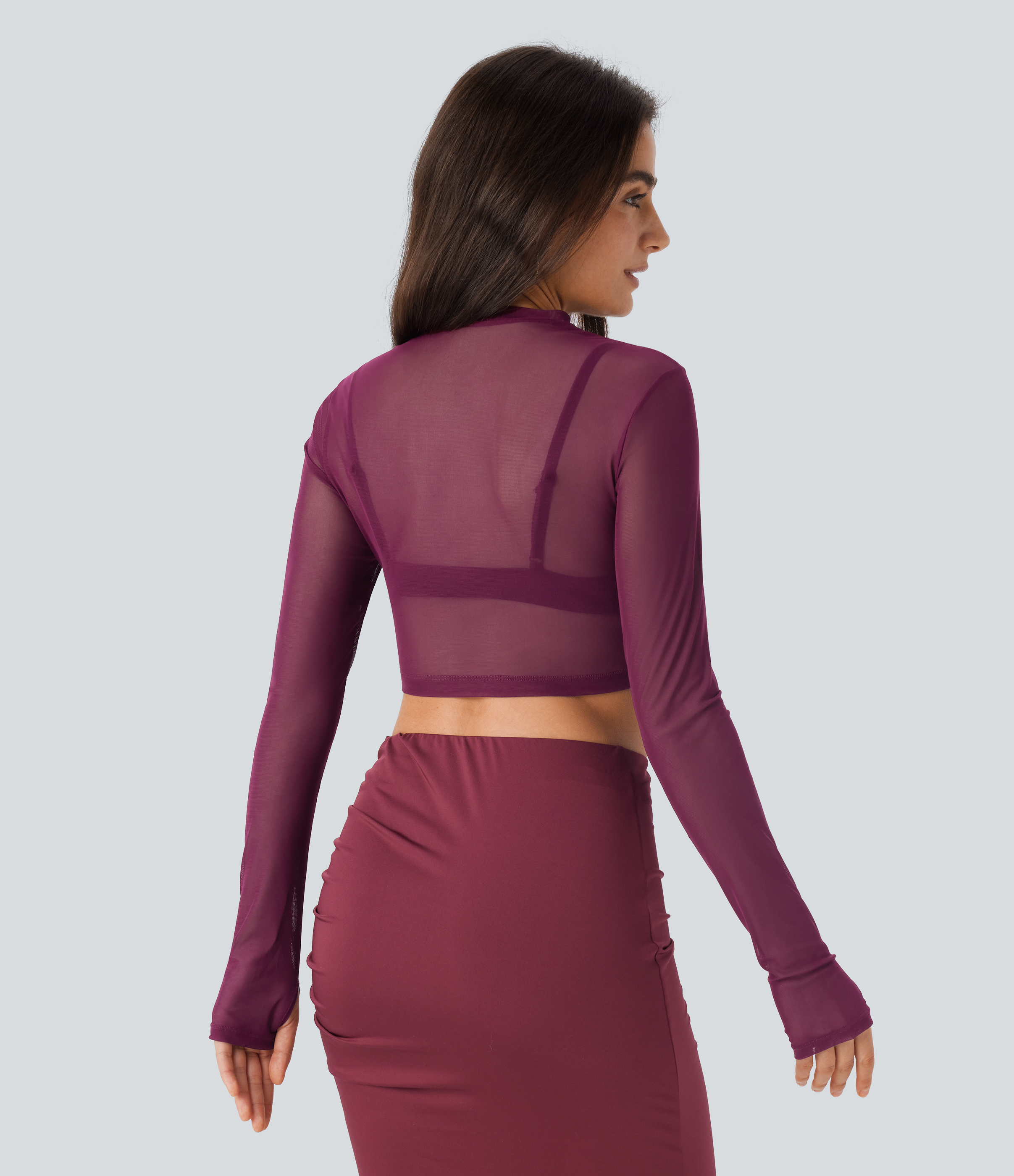 Halara Sheer Mesh Long Sleeve Thumb Hole Ruched Skinny Cropped Party Top Tank Top - Beaujolais - S golf tops halter top tunic tops 