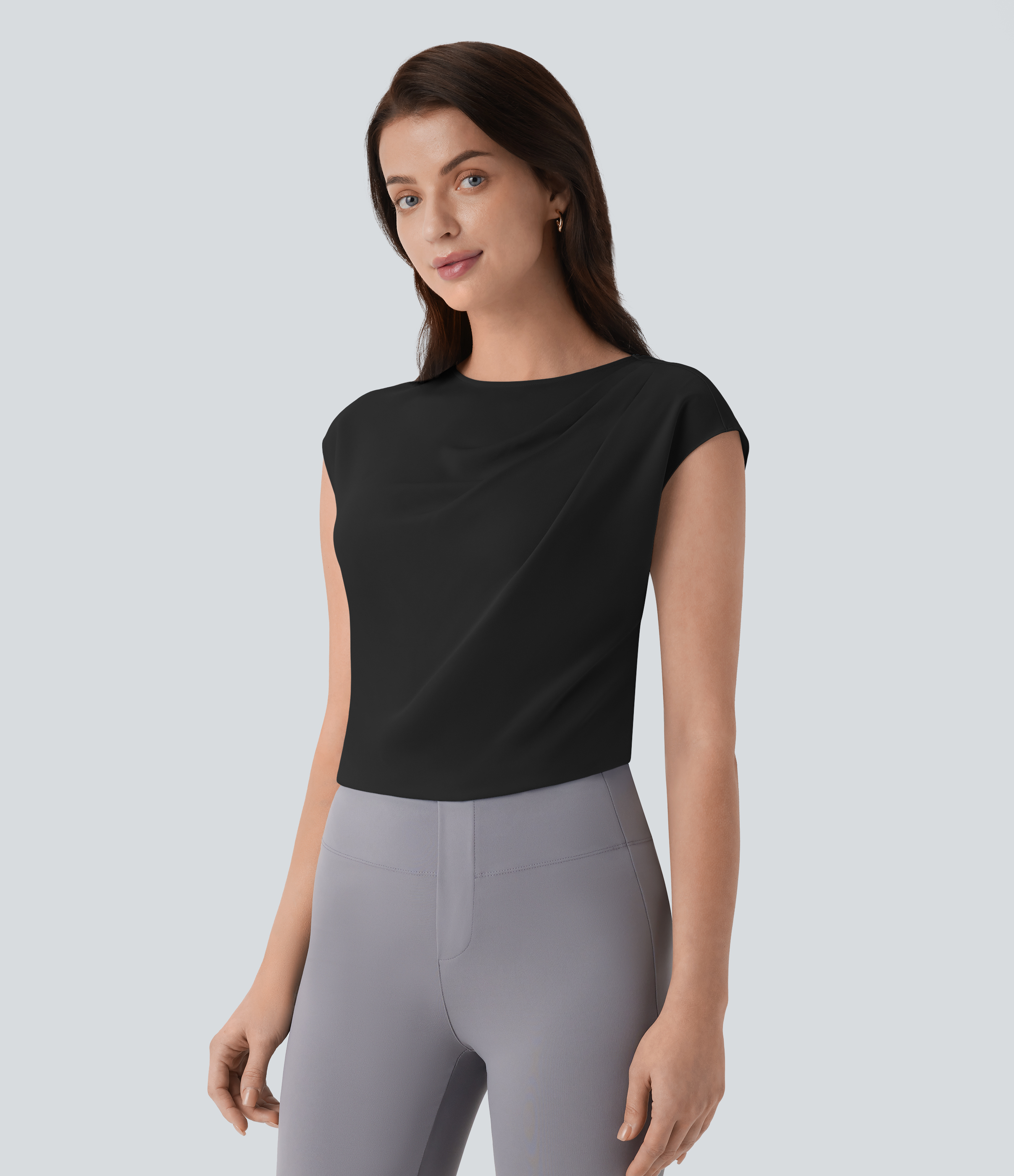 Halara Boat Neck Ruched Cap Sleeve Back Invisible Zipper Work Top Tank Top - Black - S golf tops halter top tunic tops sleeveless tops 