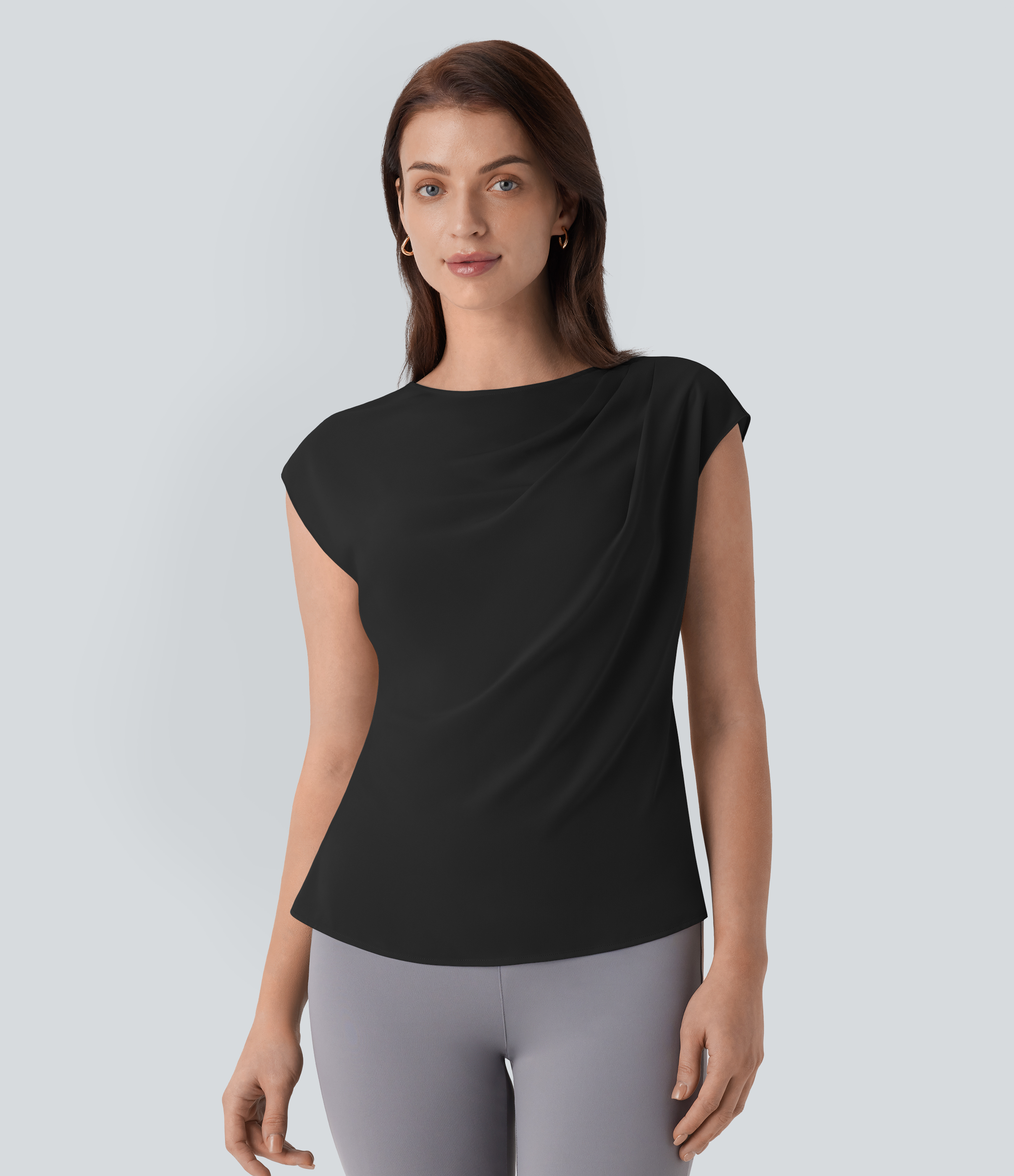 Halara Boat Neck Ruched Cap Sleeve Back Invisible Zipper Work Top Tank Top - Black - S golf tops halter top tunic tops sleeveless tops 