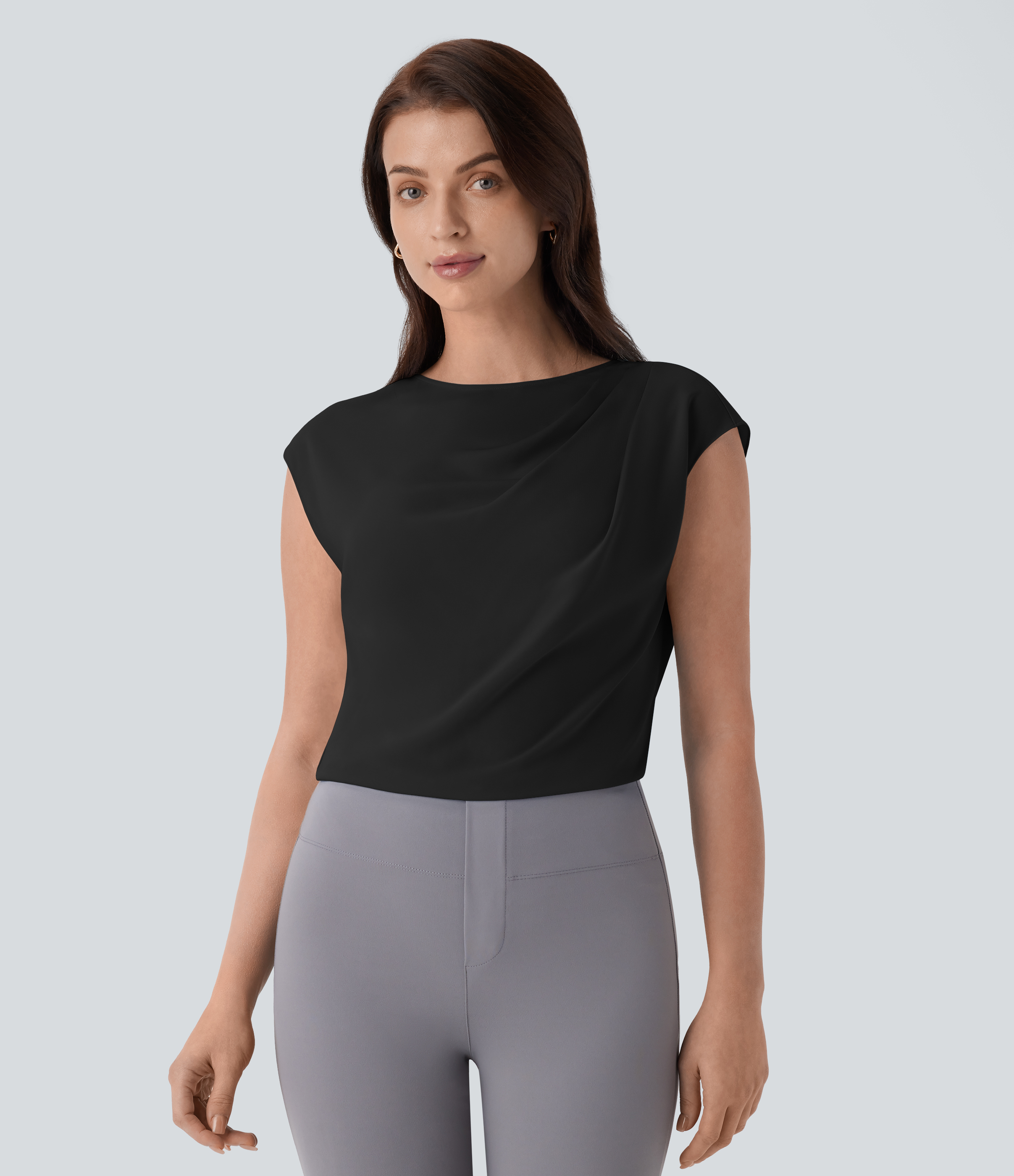 Halara Boat Neck Ruched Cap Sleeve Back Invisible Zipper Work Top Tank Top - Black - S golf tops halter top tunic tops sleeveless tops 