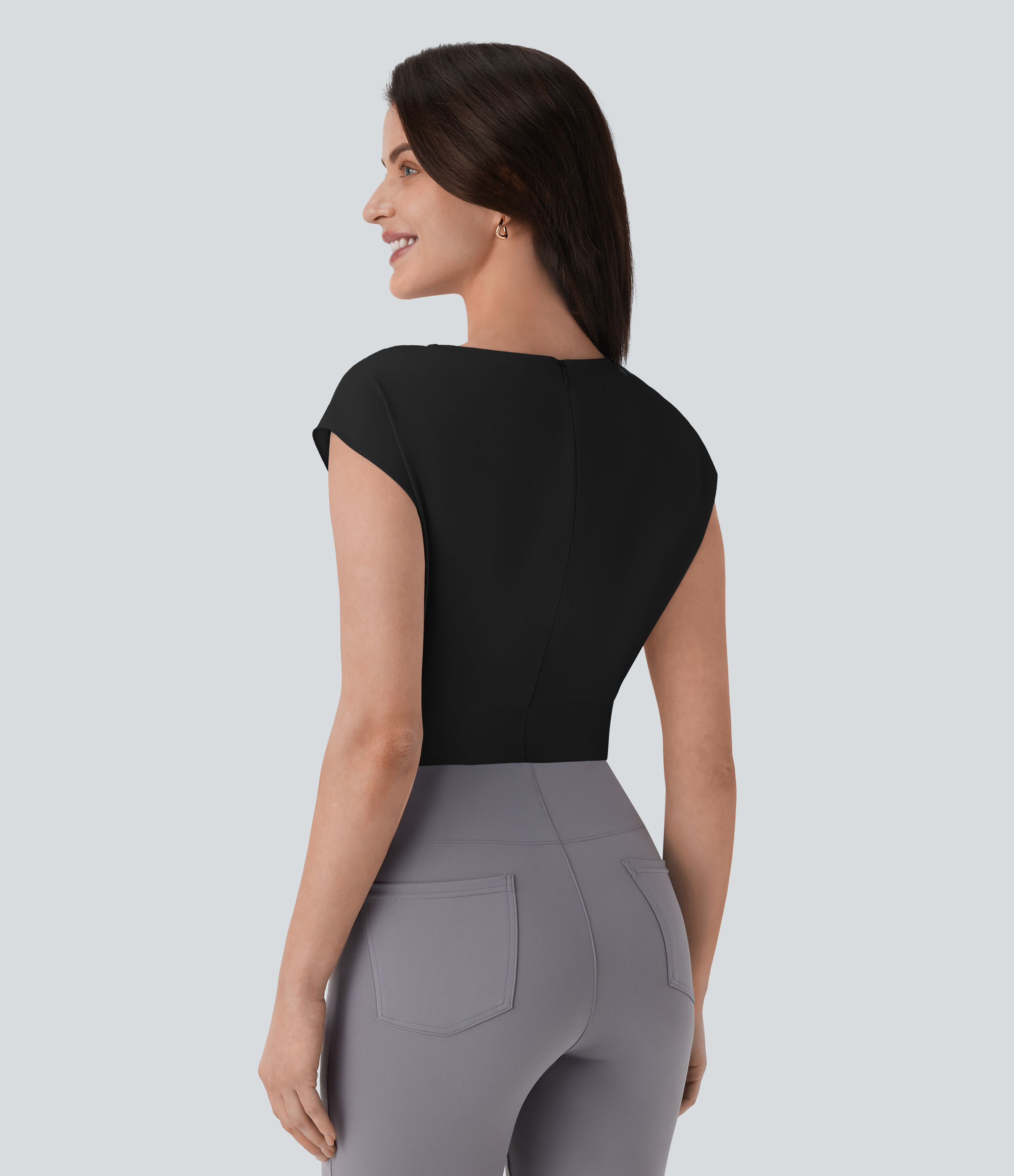 Halara Boat Neck Ruched Cap Sleeve Back Invisible Zipper Work Top Tank Top - Black - S golf tops halter top tunic tops sleeveless tops 