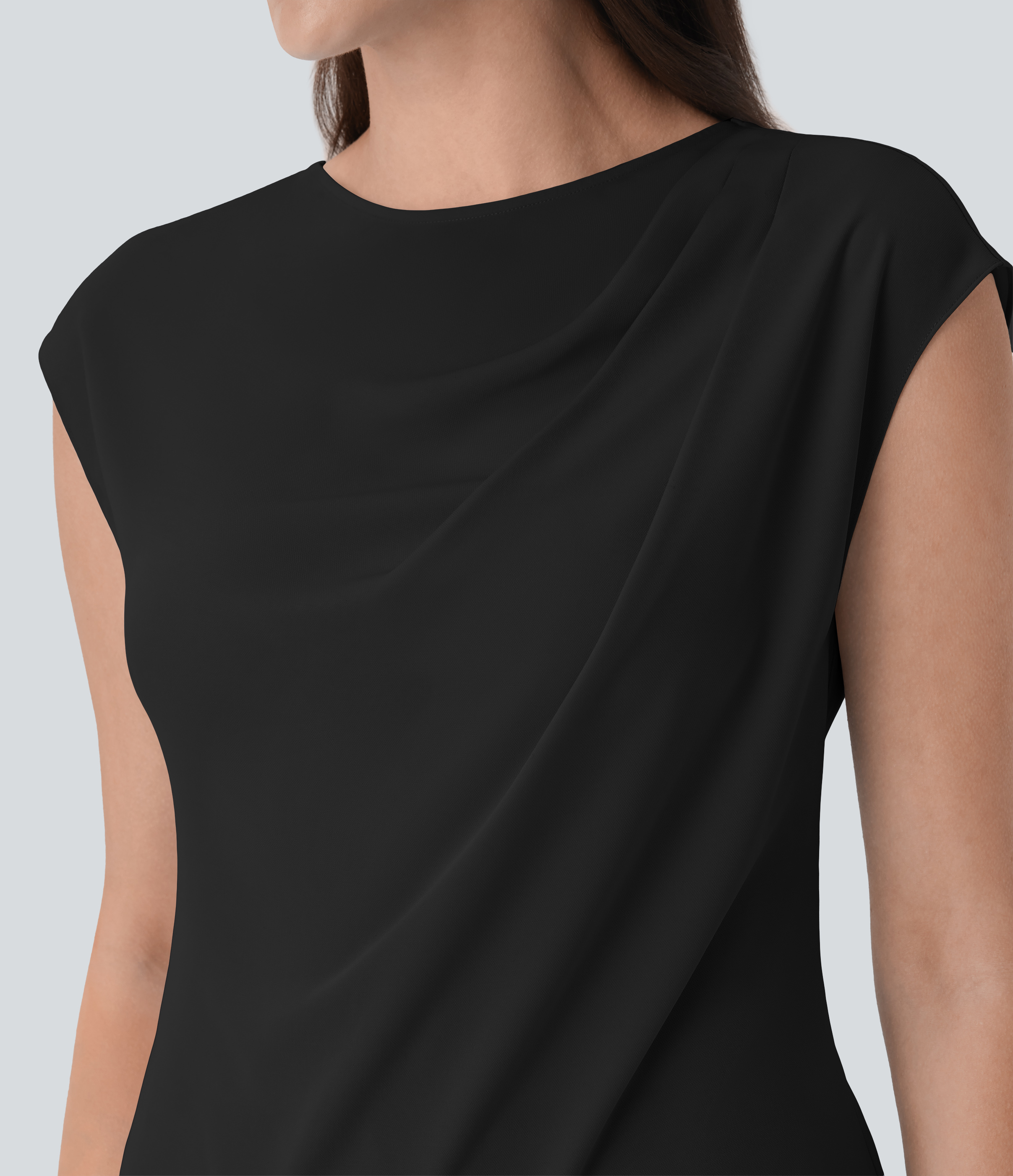 Halara Boat Neck Ruched Cap Sleeve Back Invisible Zipper Work Top Tank Top - Black - S golf tops halter top tunic tops sleeveless tops 