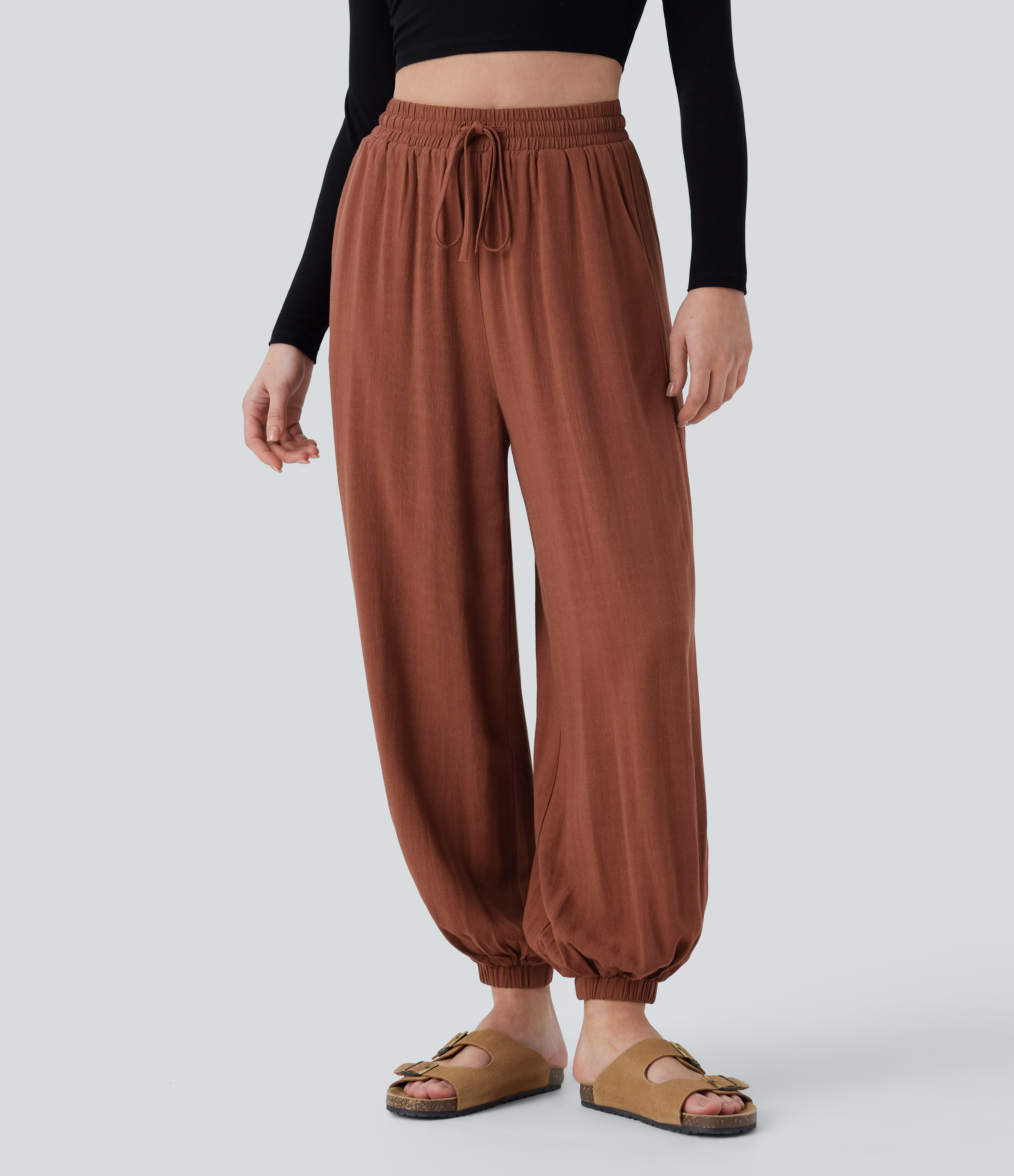 Halara High Waisted Shirred Drawstring Side Pocket Draped Linen-Blend Casual Joggers  - Arabian Spice - XS(regular) 
