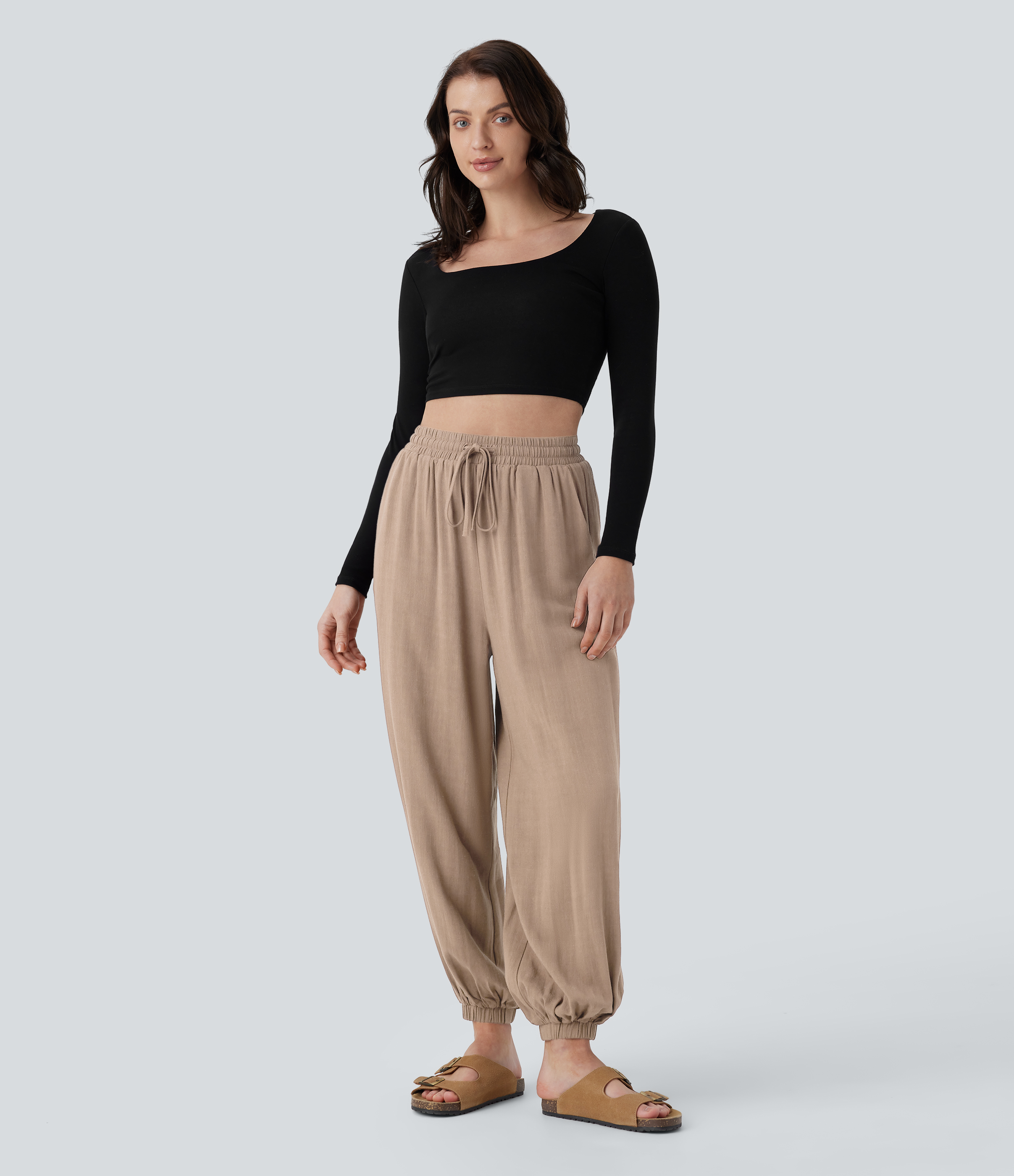 Halara High Waisted Shirred Drawstring Side Pocket Draped Linen-Blend Casual Joggers  - Smoke Gray - L(regular) 
