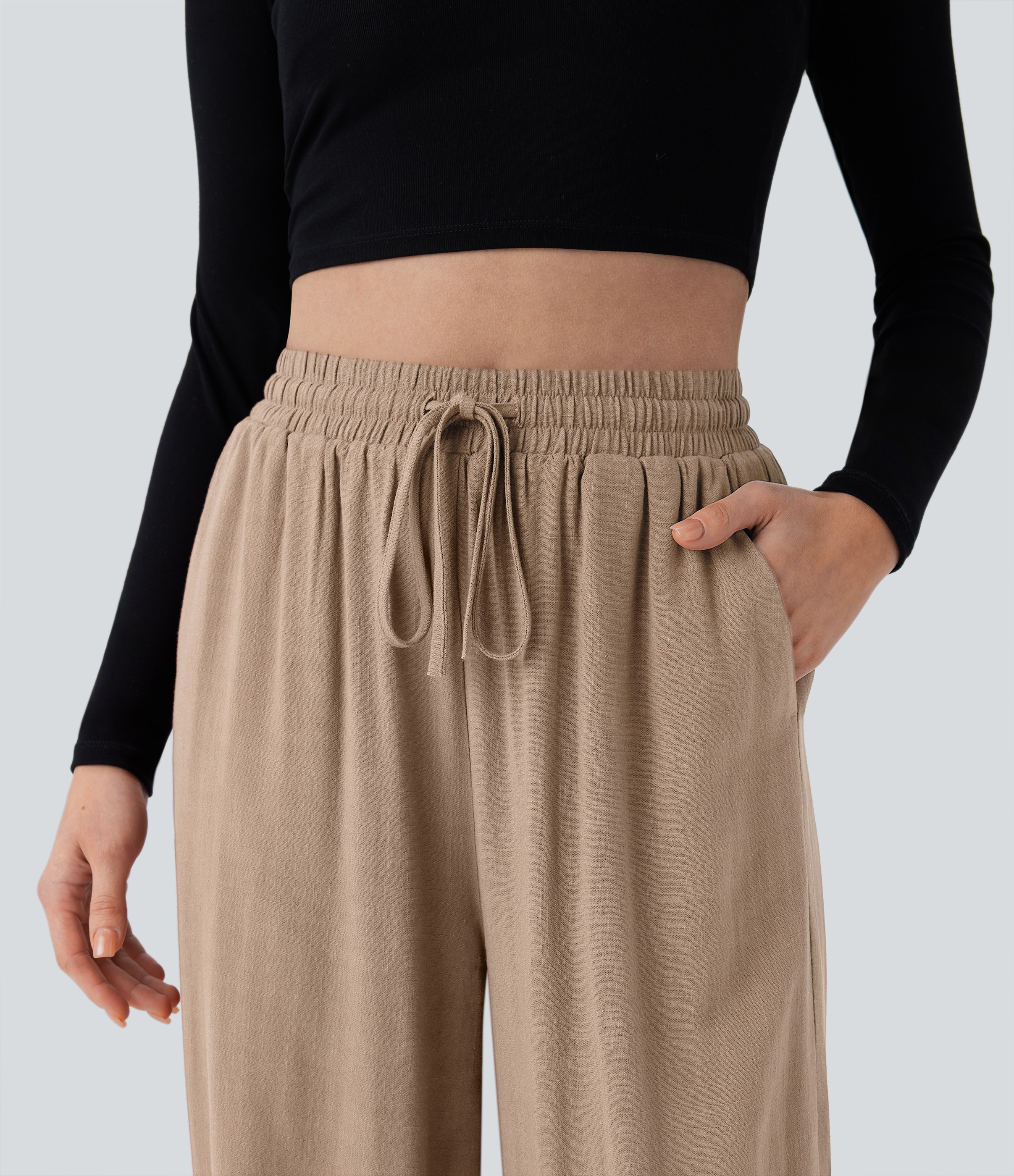 Halara High Waisted Shirred Drawstring Side Pocket Draped Linen-Blend Casual Joggers  - Smoke Gray - L(regular) 