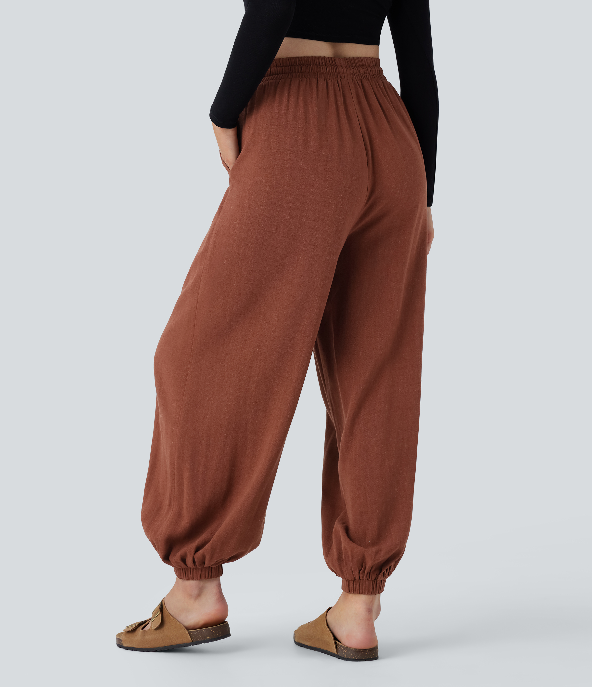 Halara High Waisted Shirred Drawstring Side Pocket Draped Linen-Blend Casual Joggers  - Arabian Spice - XS(regular) 