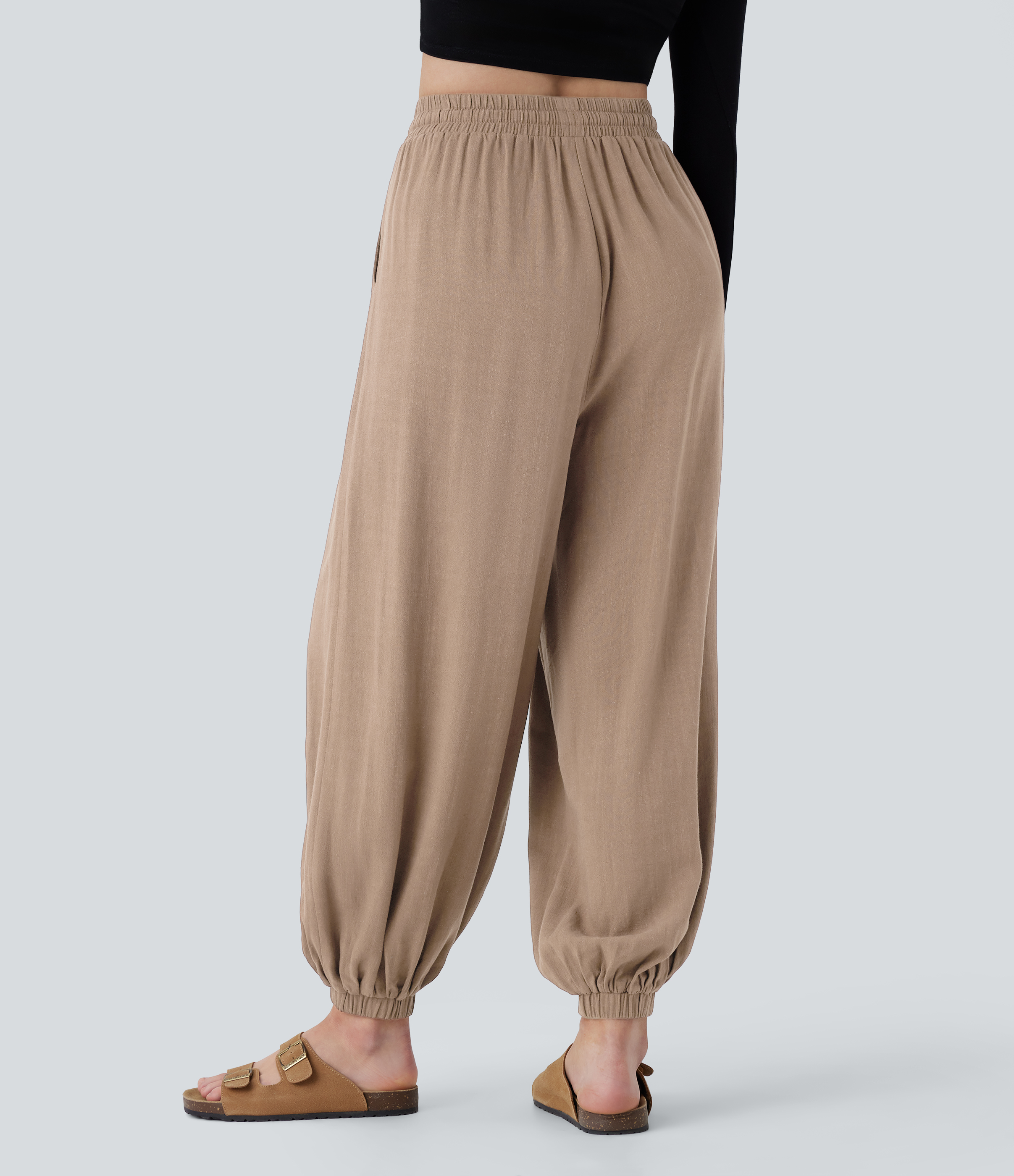 Halara High Waisted Shirred Drawstring Side Pocket Draped Linen-Blend Casual Joggers  - Smoke Gray - L(regular) 