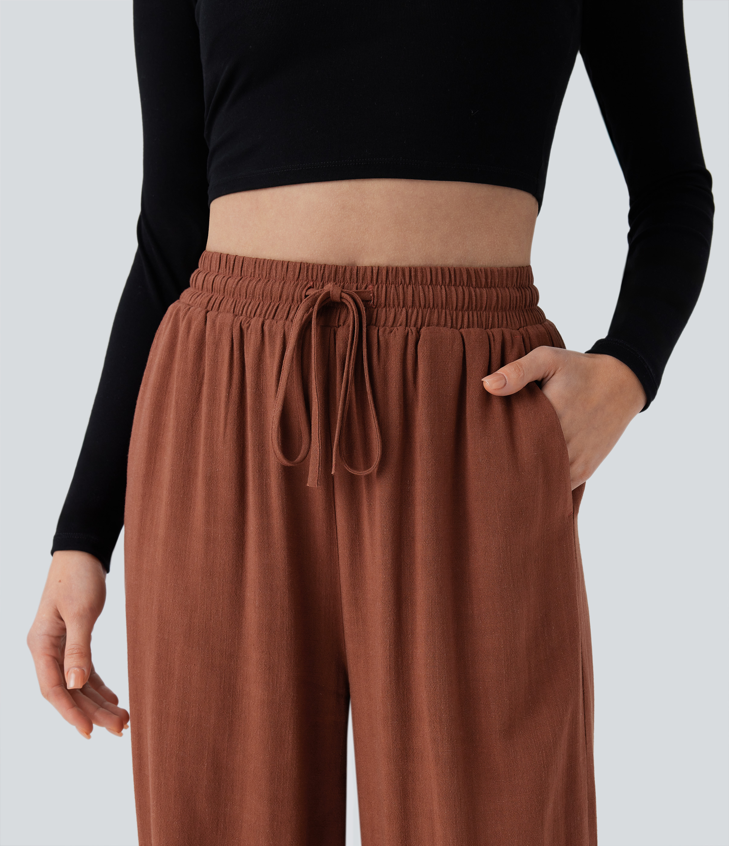 Halara High Waisted Shirred Drawstring Side Pocket Draped Linen-Blend Casual Joggers  - Arabian Spice - XS(regular) 