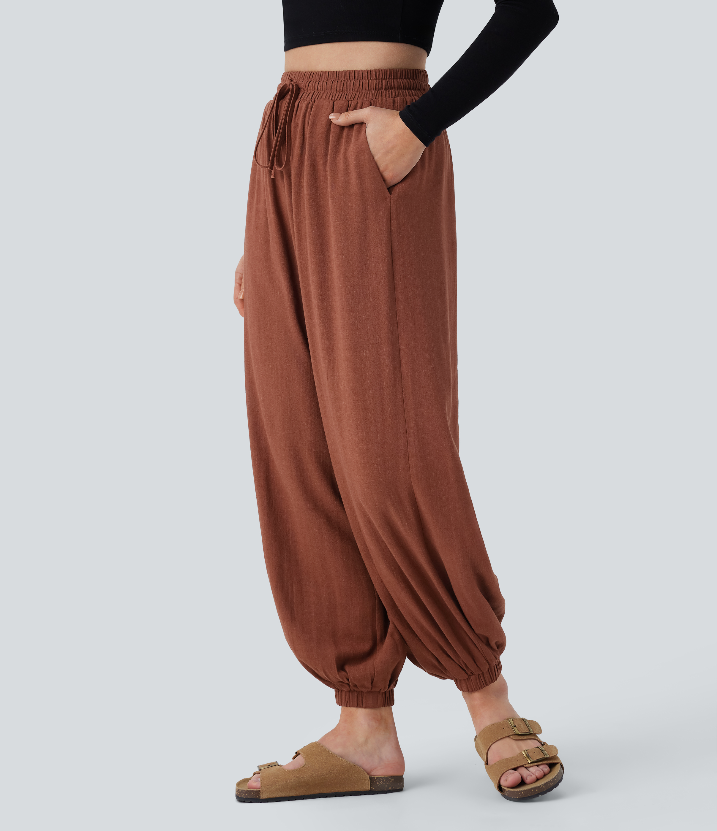 Halara High Waisted Shirred Drawstring Side Pocket Draped Linen-Blend Casual Joggers  - Arabian Spice - XS(regular) 