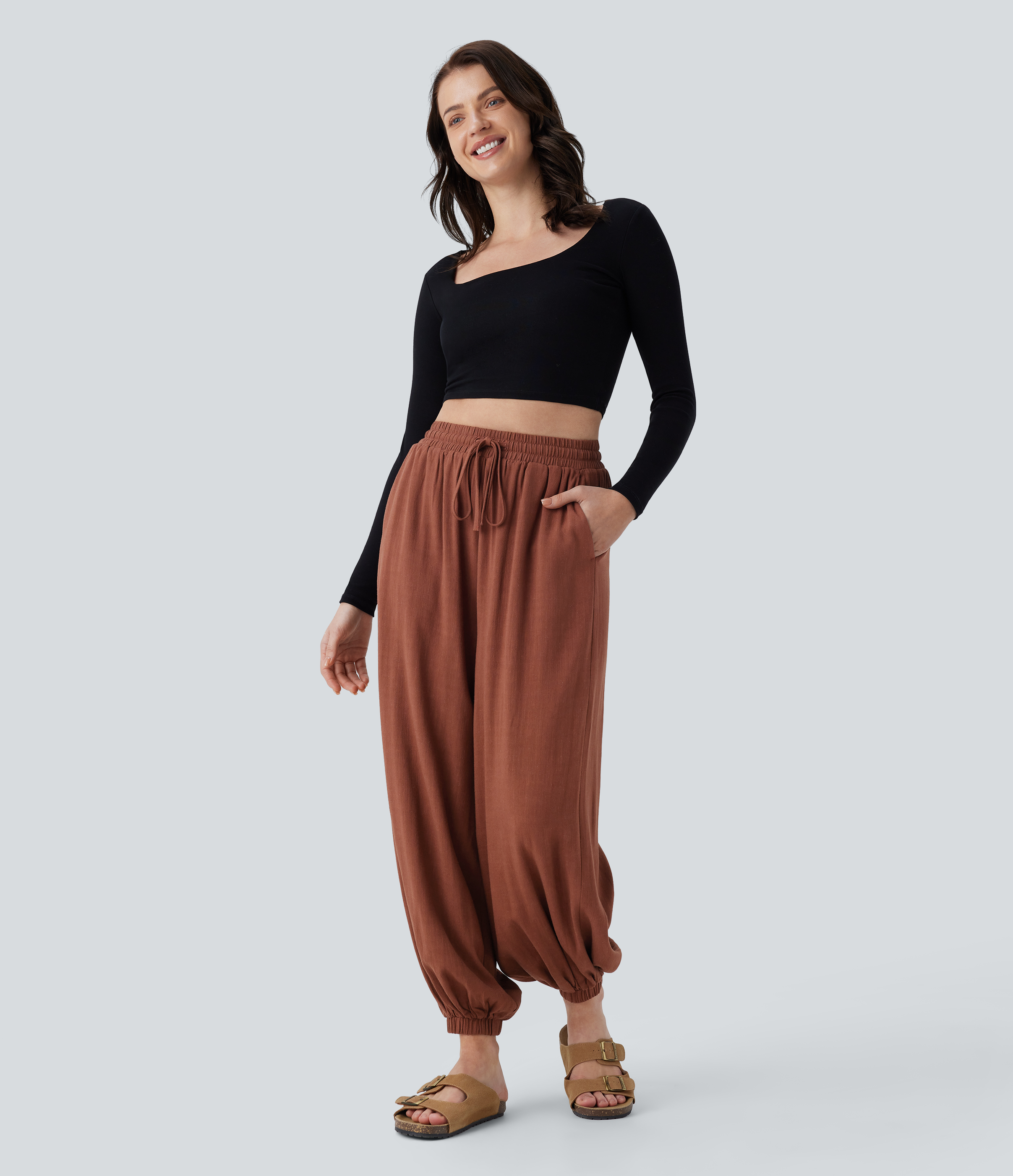 Halara High Waisted Shirred Drawstring Side Pocket Draped Linen-Blend Casual Joggers  - Arabian Spice - XS(regular) 