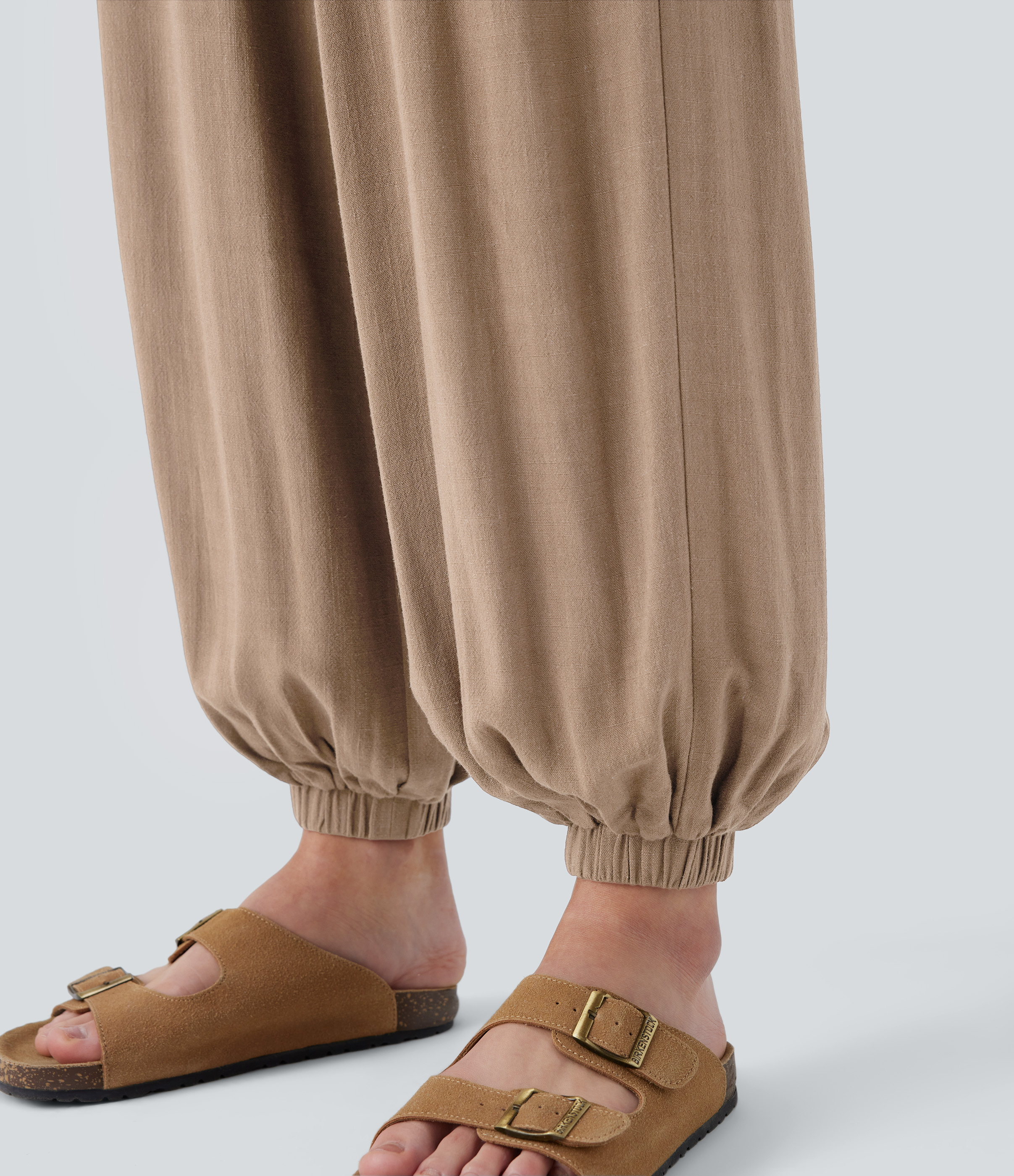 Halara High Waisted Shirred Drawstring Side Pocket Draped Linen-Blend Casual Joggers  - Smoke Gray - L(regular) 