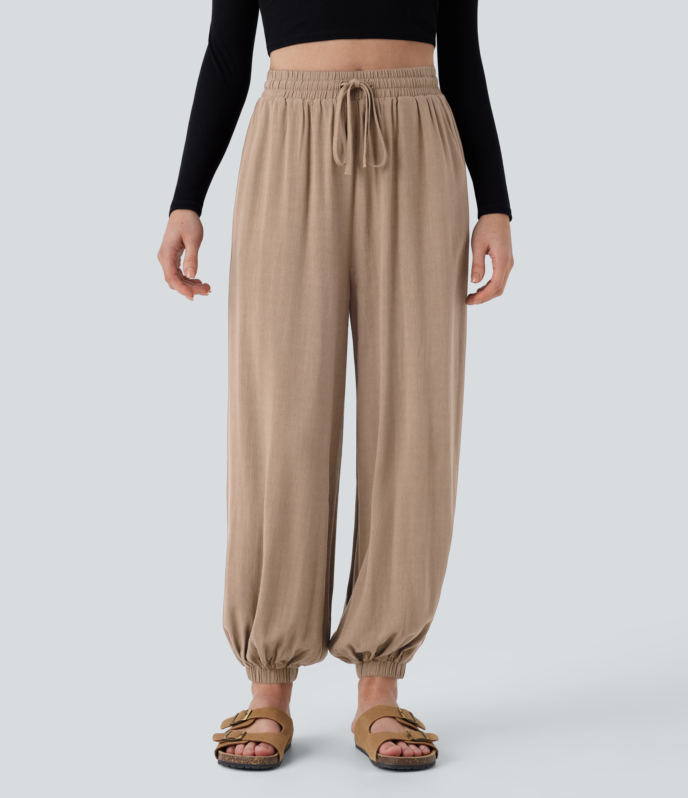 Halara High Waisted Shirred Drawstring Side Pocket Draped Linen-Blend Casual Joggers  - Smoke Gray - L(regular) 