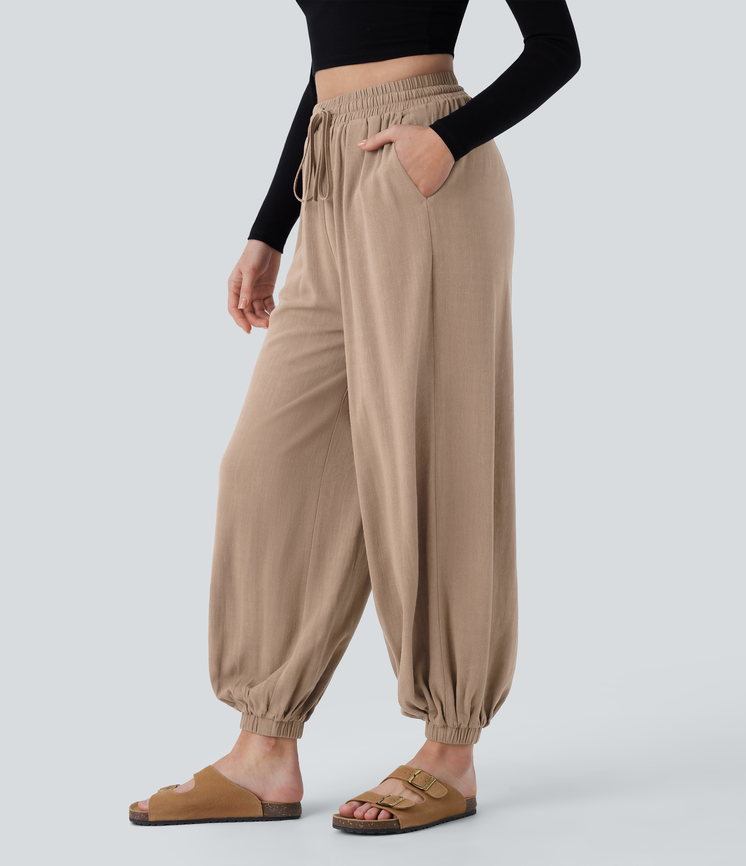 Halara High Waisted Shirred Drawstring Side Pocket Draped Linen-Blend Casual Joggers  - Smoke Gray - L(regular) 