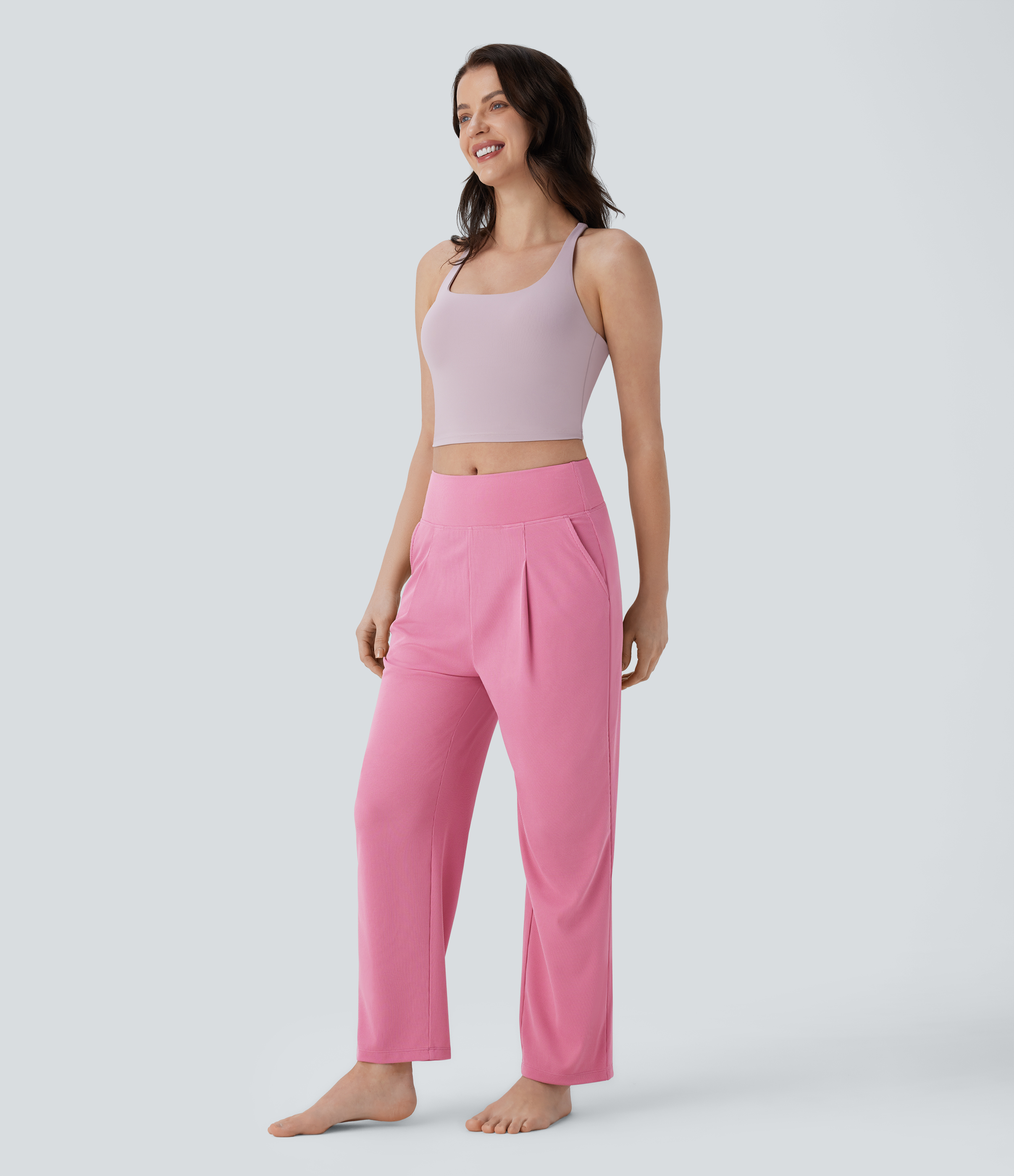 Halara Mid Rise Side Pocket Straight Leg Waffle Yoga Pants  - Rouge Pink - XL(regular) 