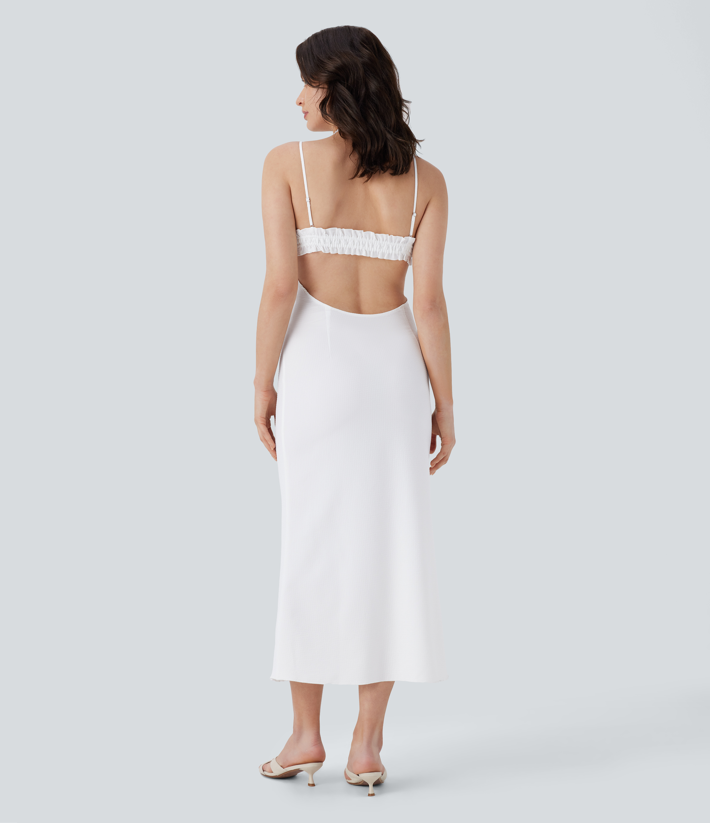 Blanco Vestido camisero resort media pierna sin espalda tirante ajustable volante cordón cremallera invisible / 2