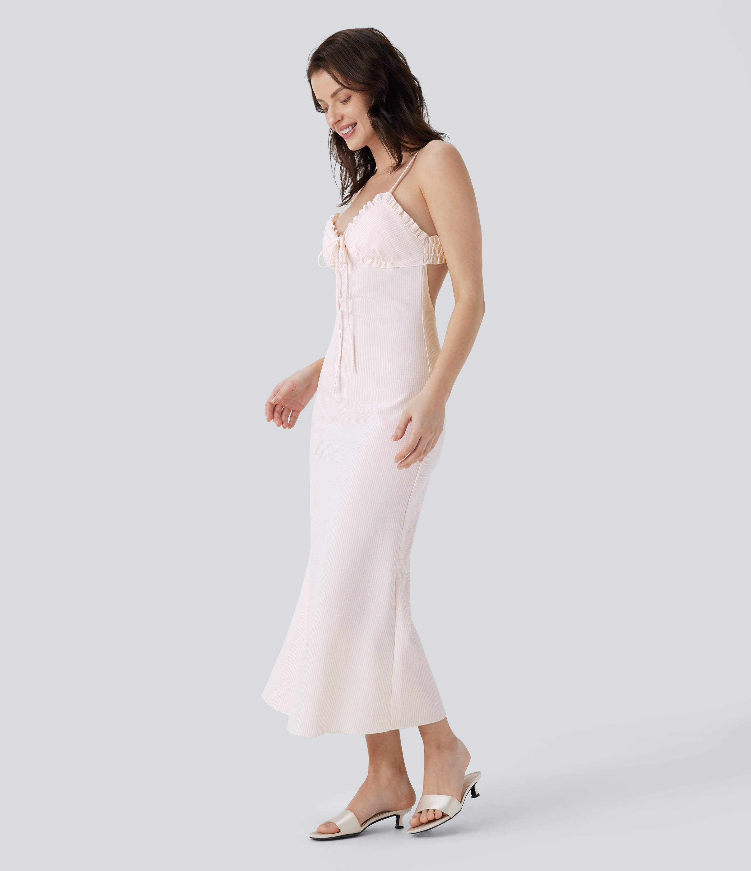 Halara Backless Adjustable Strap Frill Lace Up Invisible Zipper Midi Resort Slip Dress Casual Dress - Light Pink White Stripe - S slip dress 