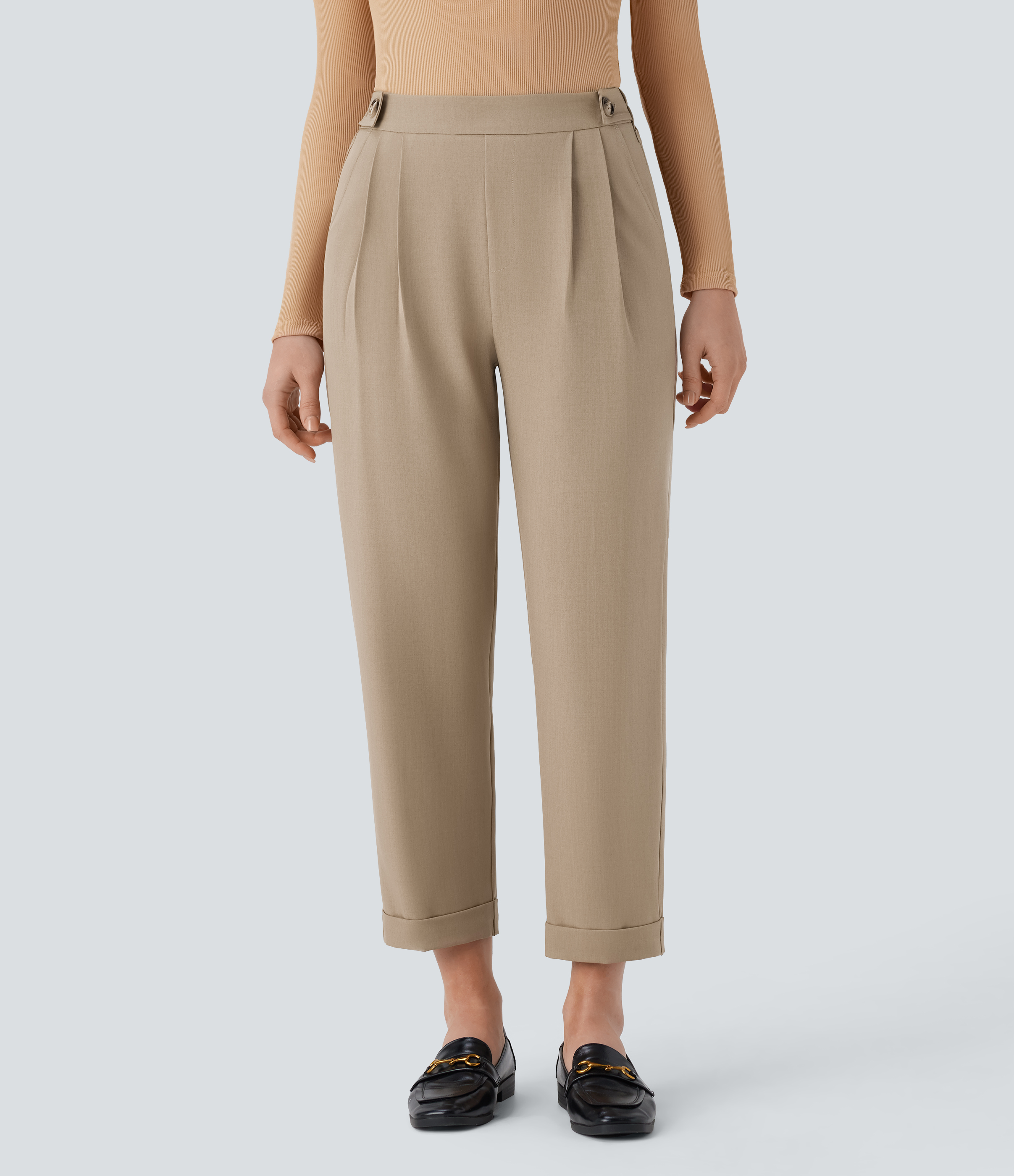 Halara High Waisted Invisible Zipper Button Side Pocket Work Tapered Pants  - Travertine - S(regular) sweatpants jogger pants 