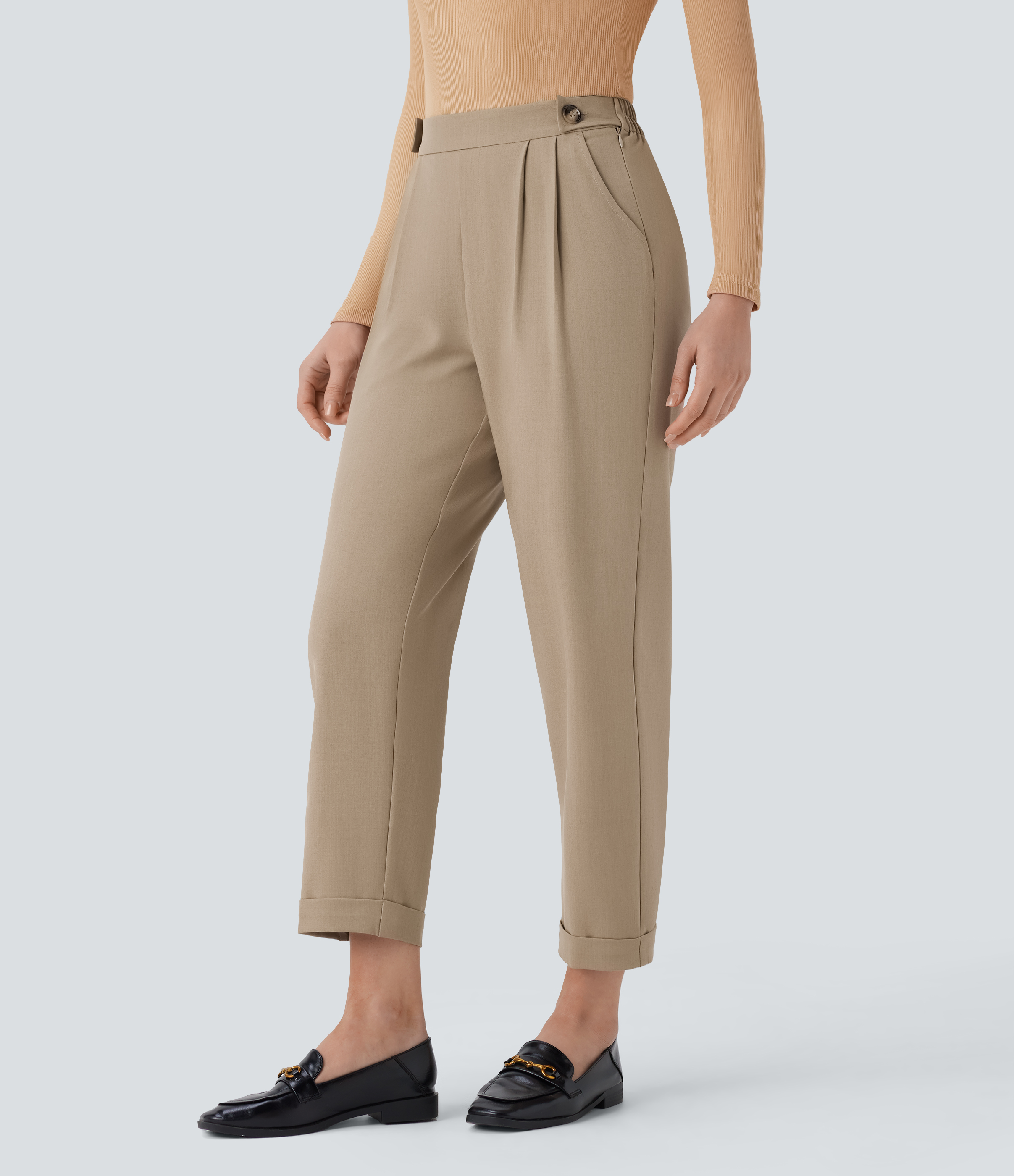 Halara High Waisted Invisible Zipper Button Side Pocket Work Tapered Pants  - Travertine - S(regular) sweatpants jogger pants 