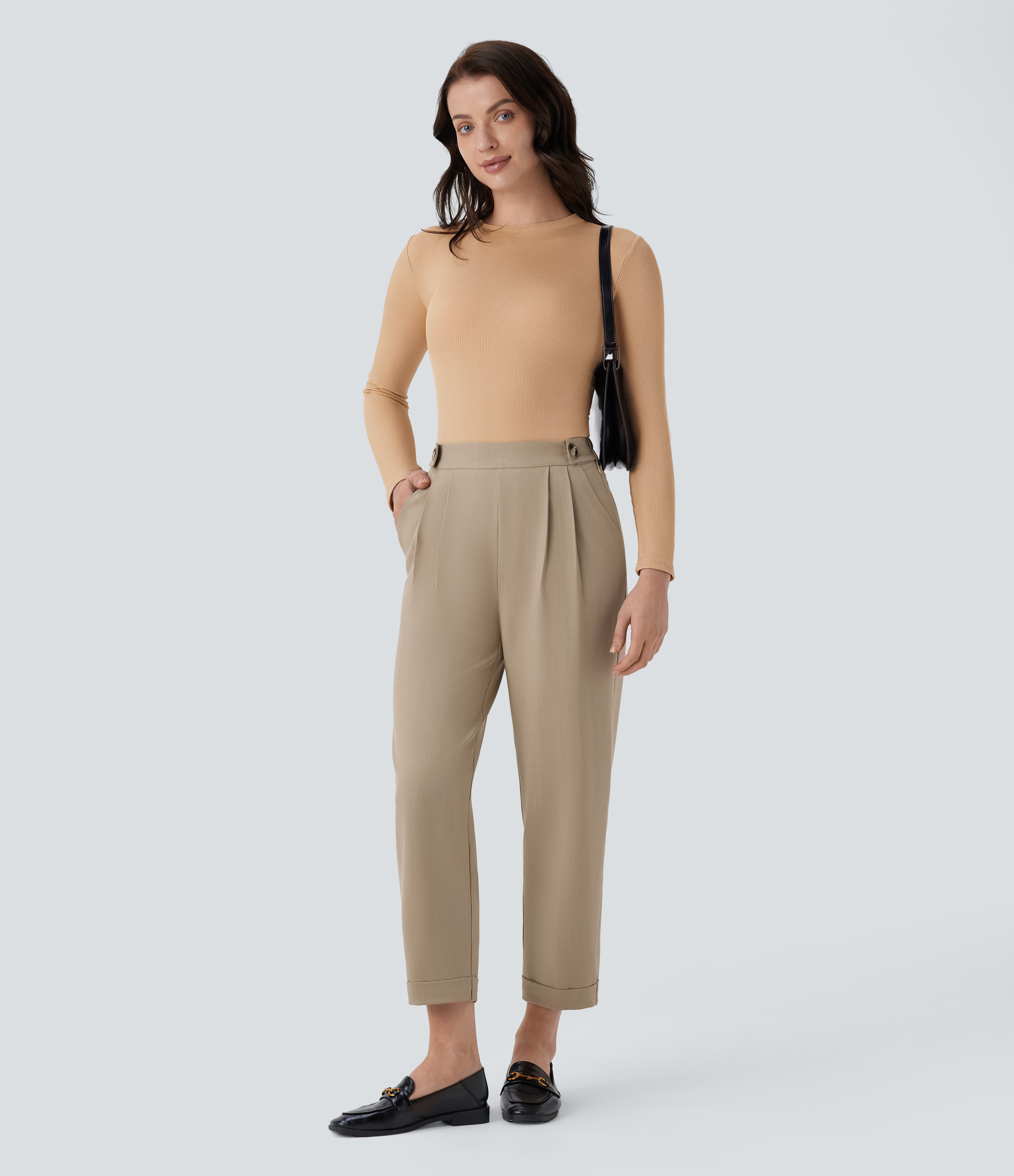 Halara High Waisted Invisible Zipper Button Side Pocket Work Tapered Pants  - Travertine - S(regular) sweatpants jogger pants 