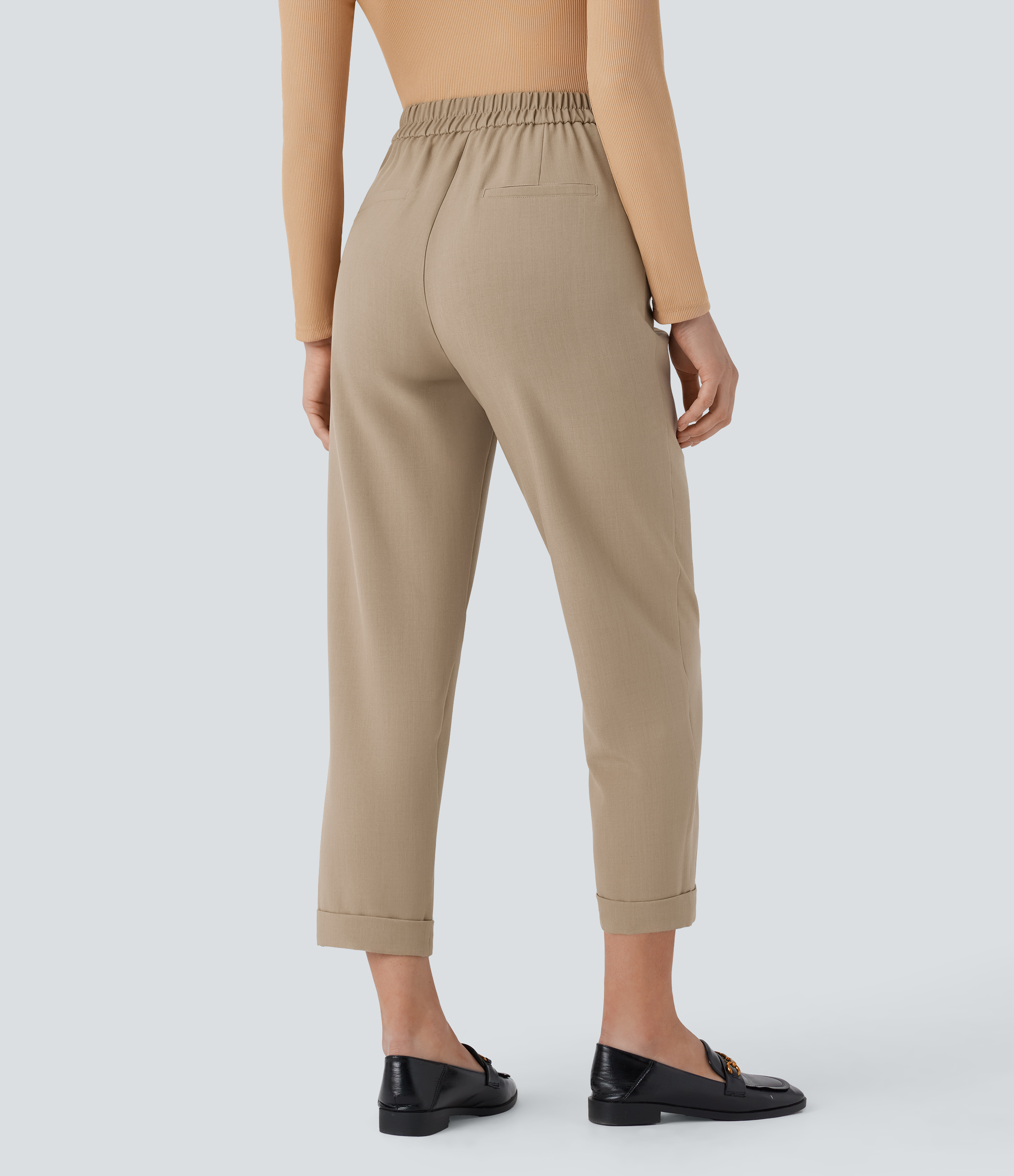 Halara High Waisted Invisible Zipper Button Side Pocket Work Tapered Pants  - Travertine - S(regular) sweatpants jogger pants 