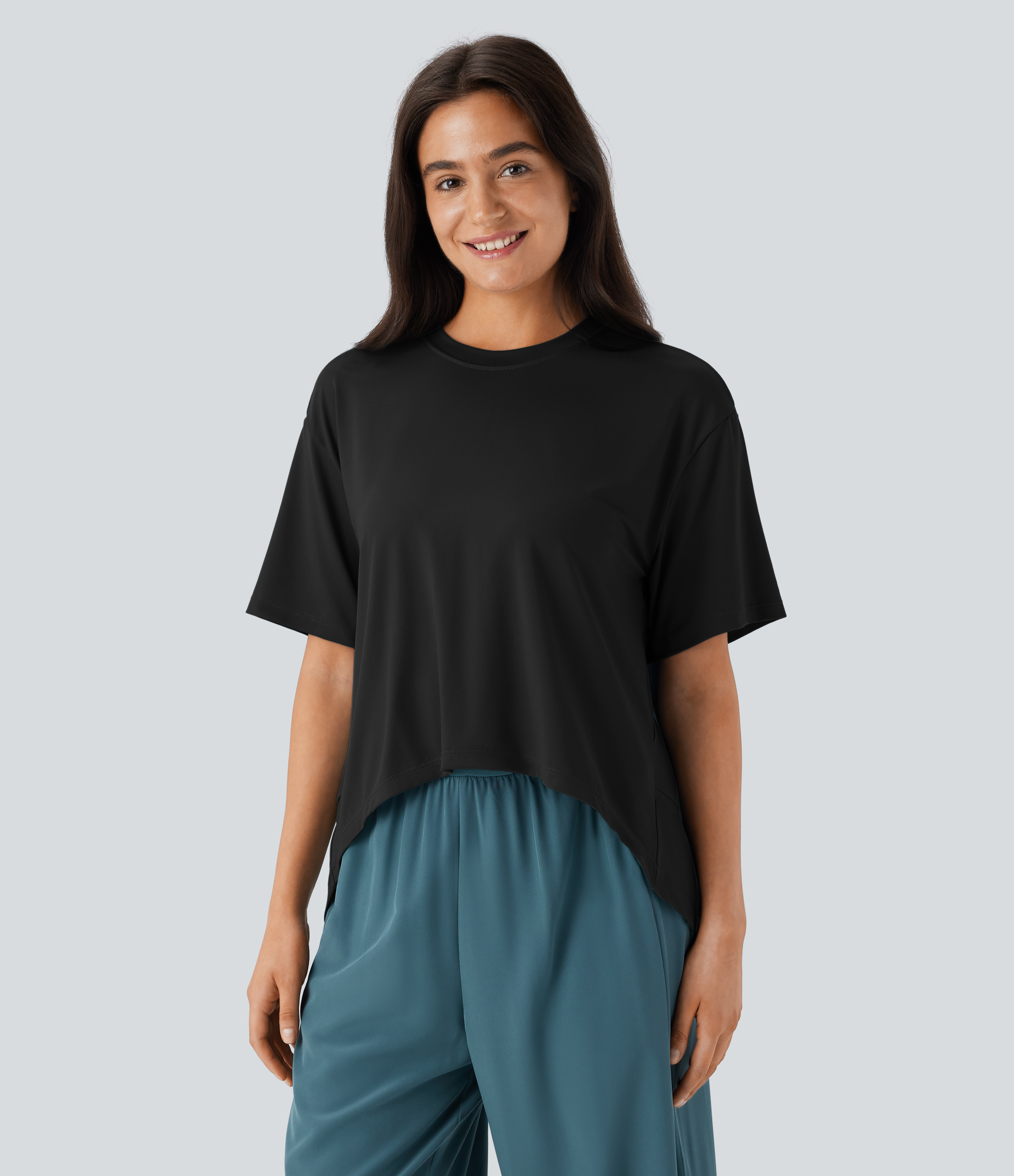 Halara Round Neck Short Sleeve High Low Asymmetric Hem Casual Top Tank Top - Black - M golf tops halter top tunic tops sleeveless tops 