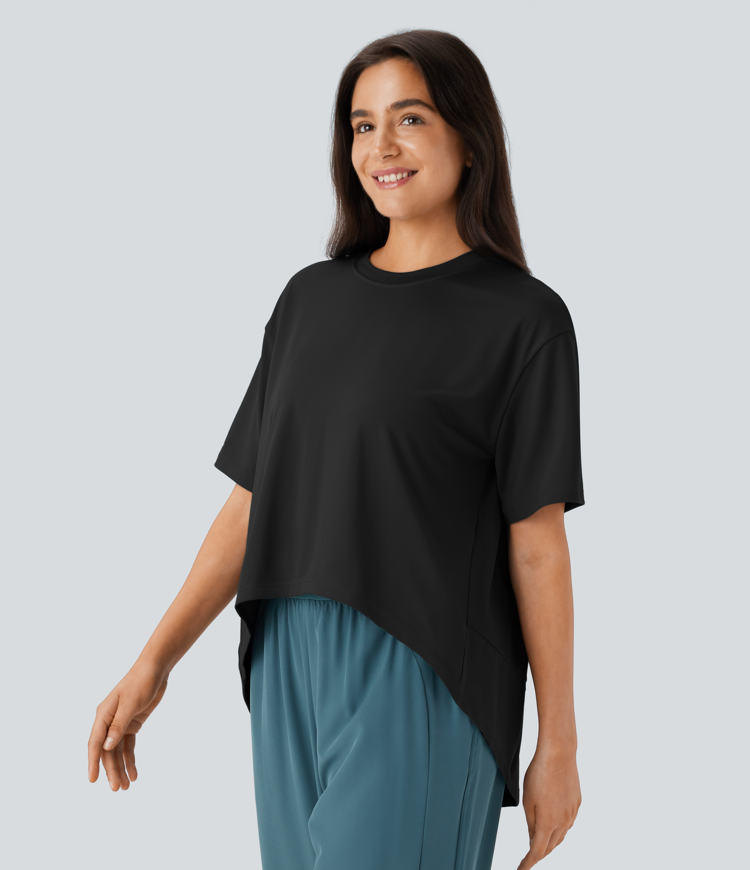 Halara Round Neck Short Sleeve High Low Asymmetric Hem Casual Top Tank Top - Black - M golf tops halter top tunic tops sleeveless tops 