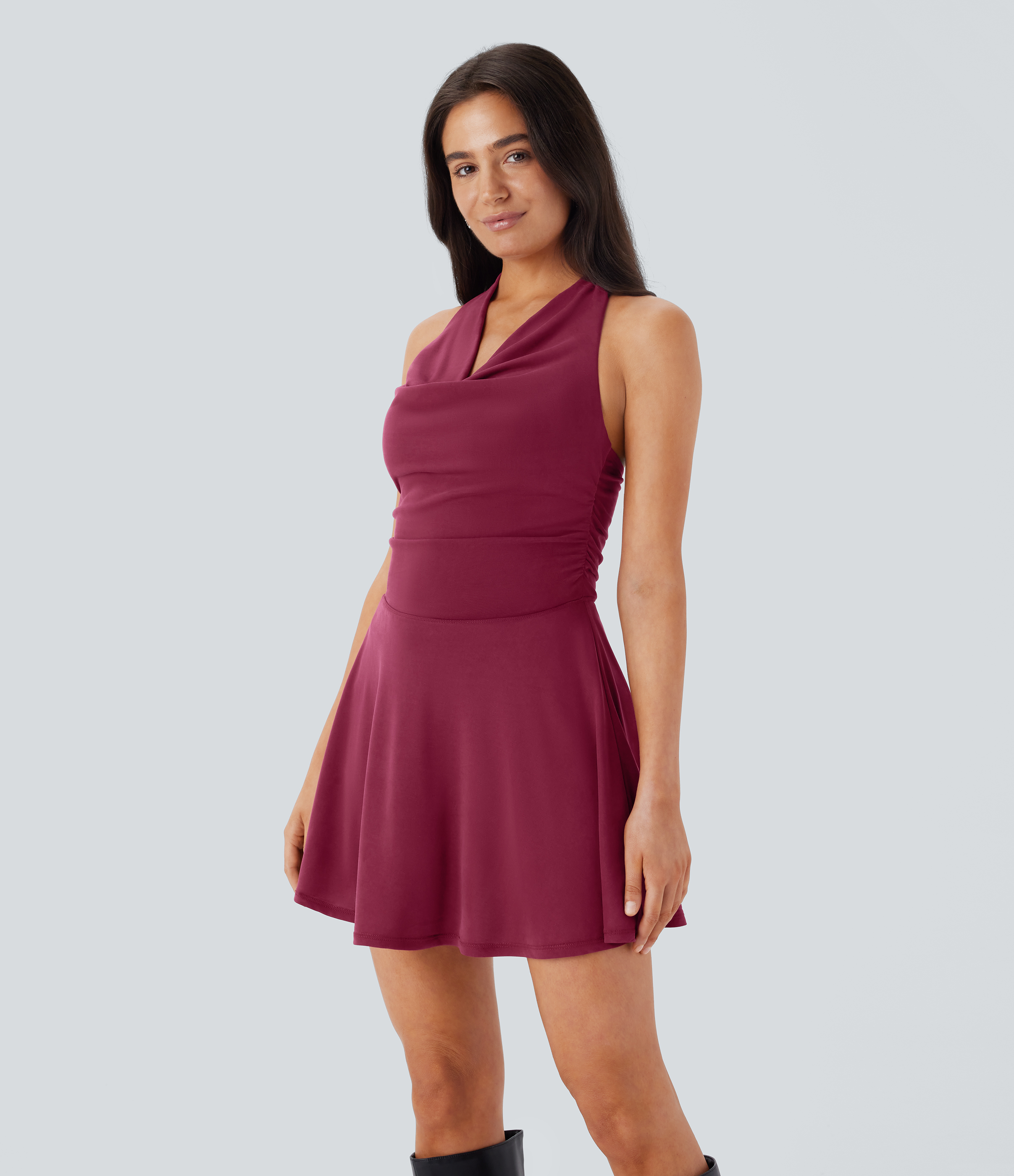 Halara Halter Cowl Neck Backless Ruched 2-in-1 Micro Party Dress Casual Dress - Oxblood Red - L slip dress beach dress ruched dress 