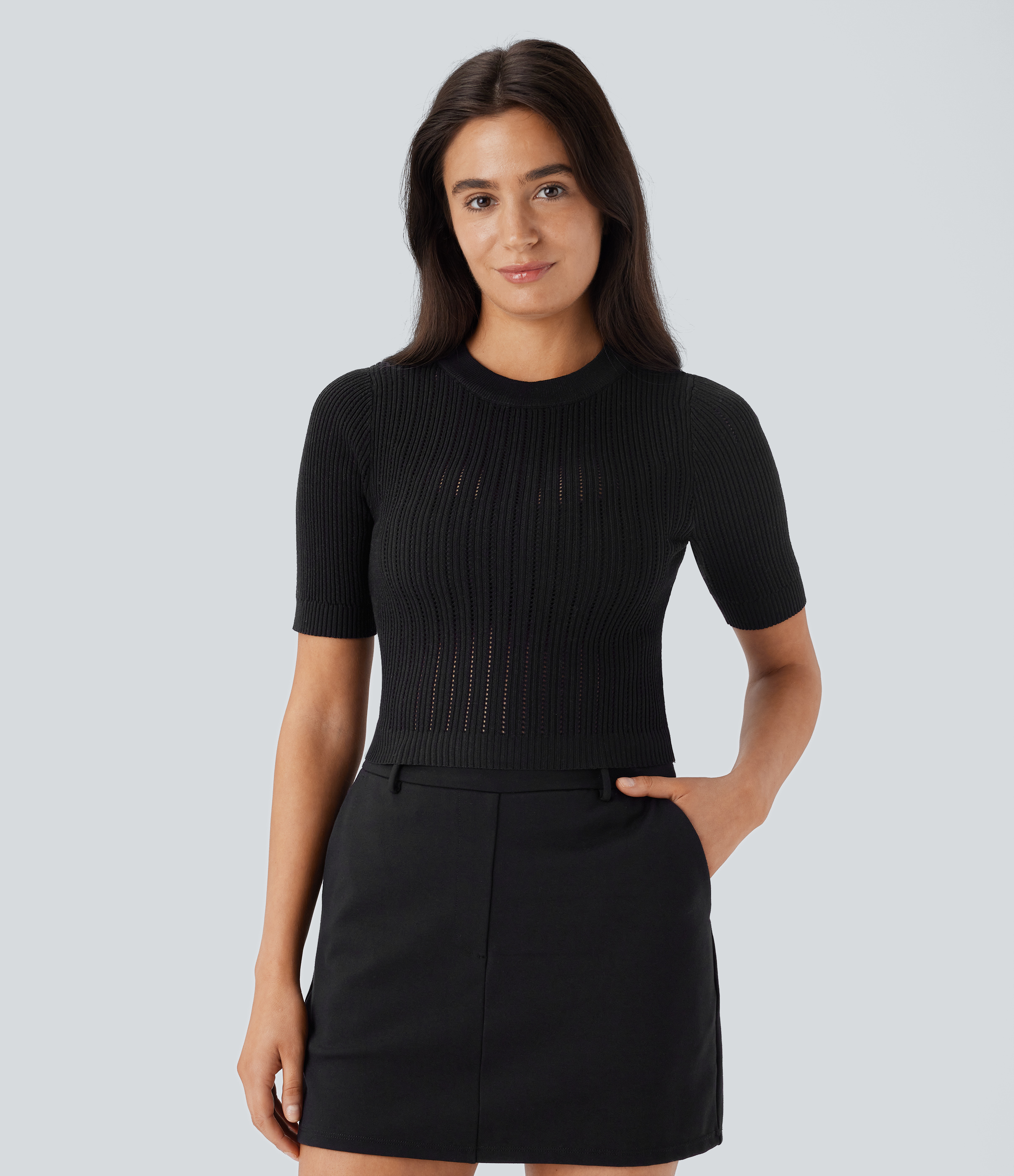 Halara Round Neck Short Sleeve Cut Out Work Sweater  - Black - XL 