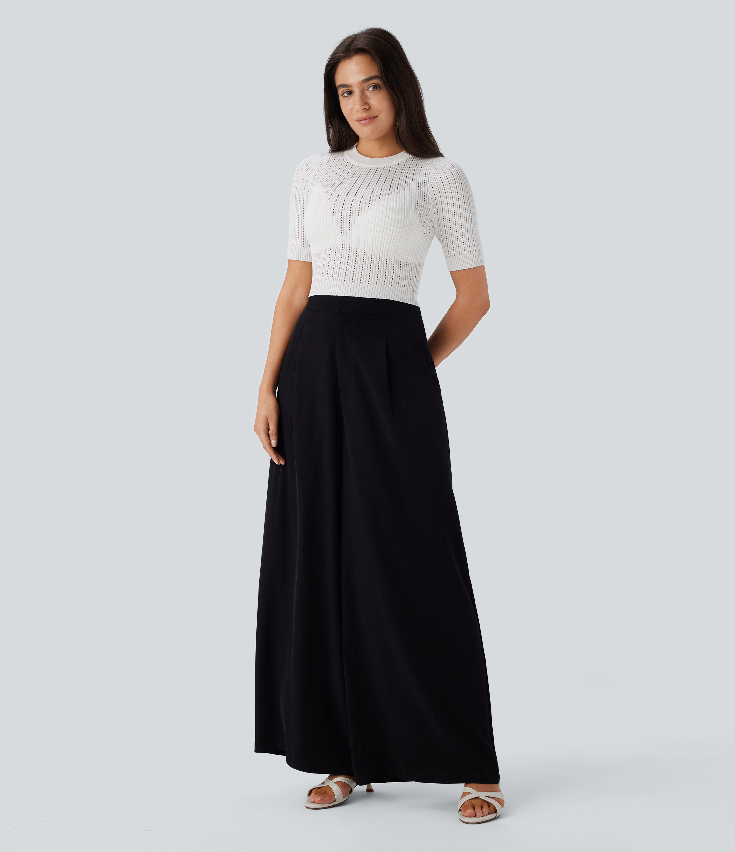 Halara Round Neck Short Sleeve Cut Out Work Sweater  - White - XL 