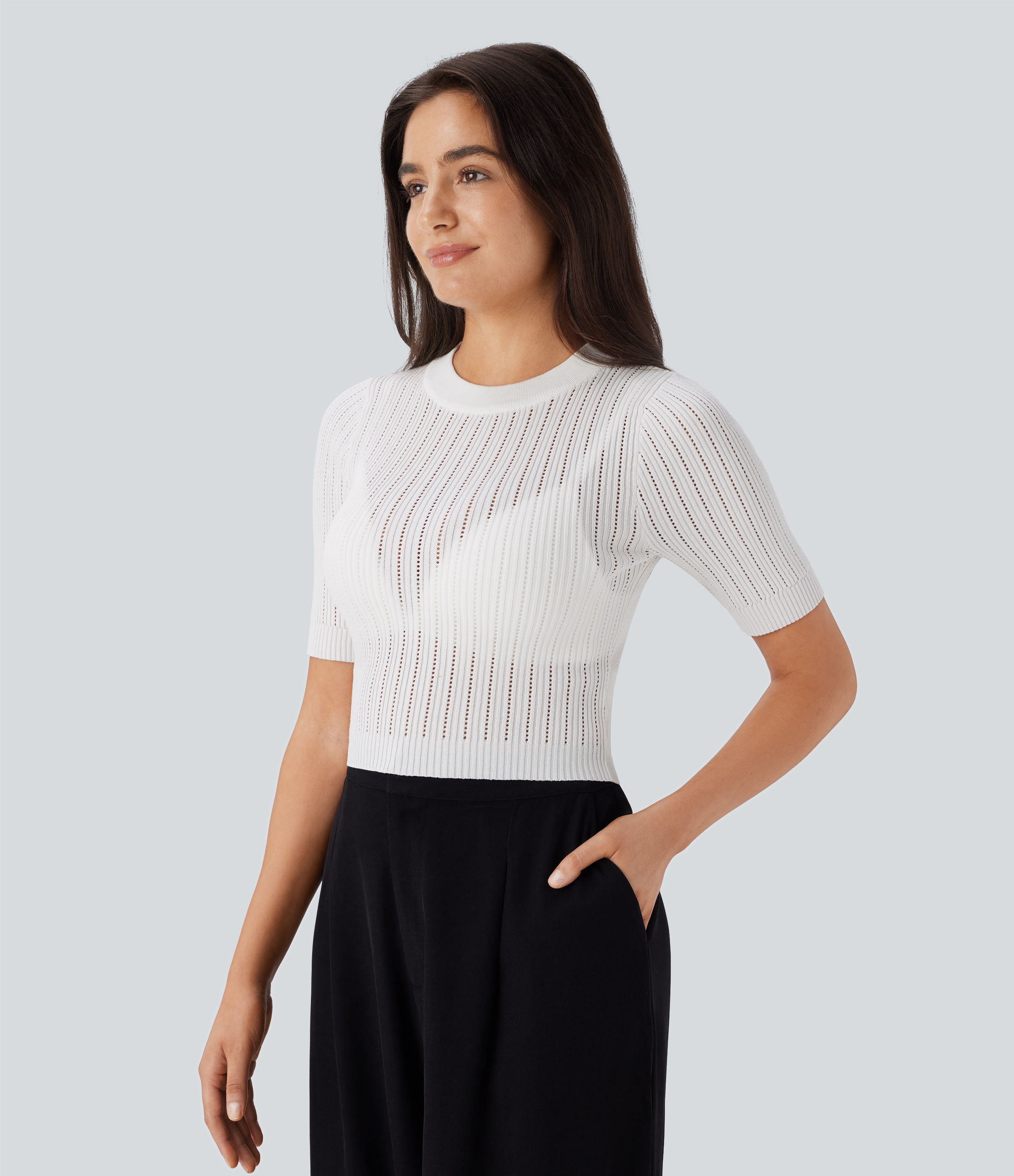 Halara Round Neck Short Sleeve Cut Out Work Sweater  - White - XL 