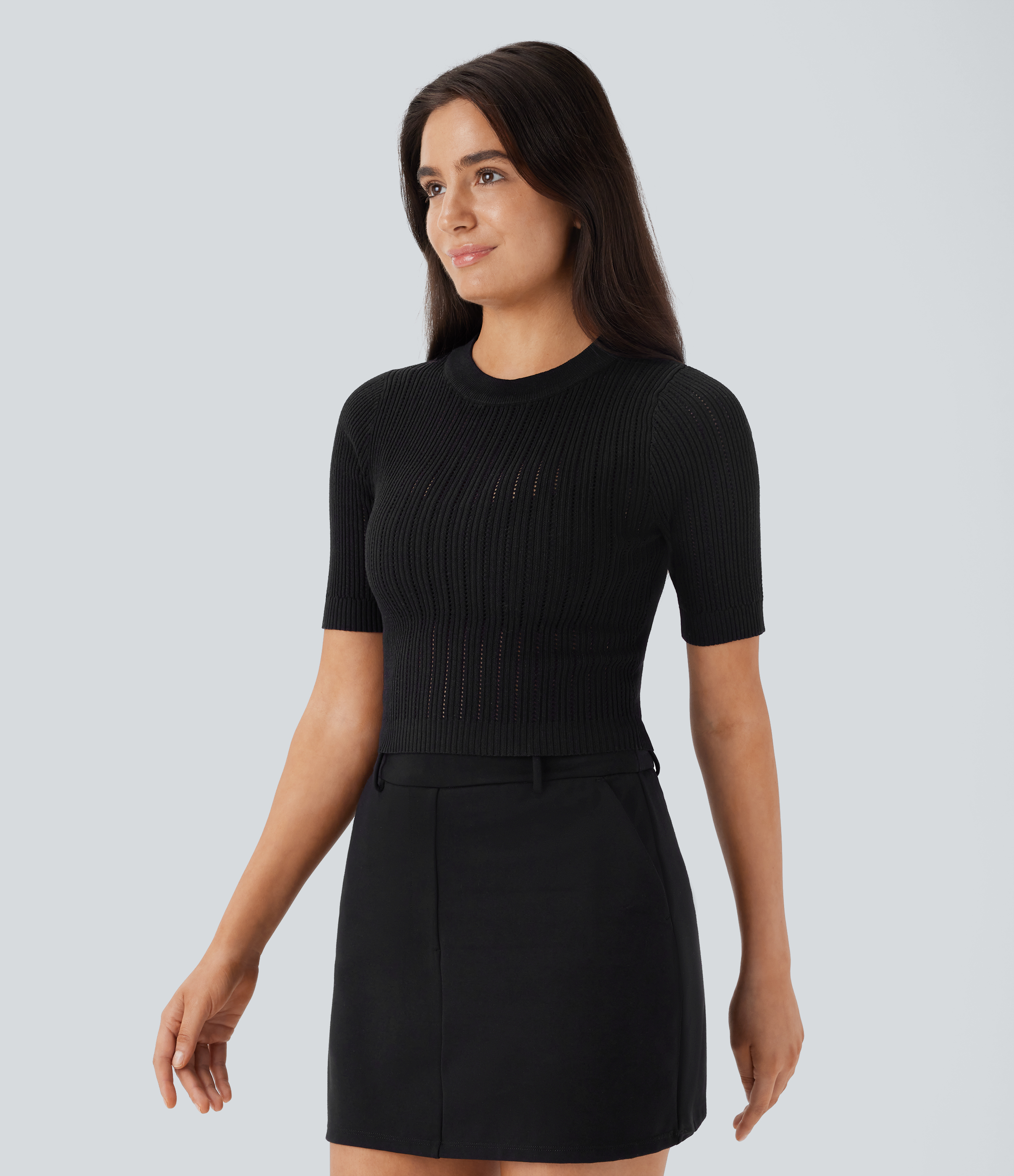 Halara Round Neck Short Sleeve Cut Out Work Sweater  - Black - XL 