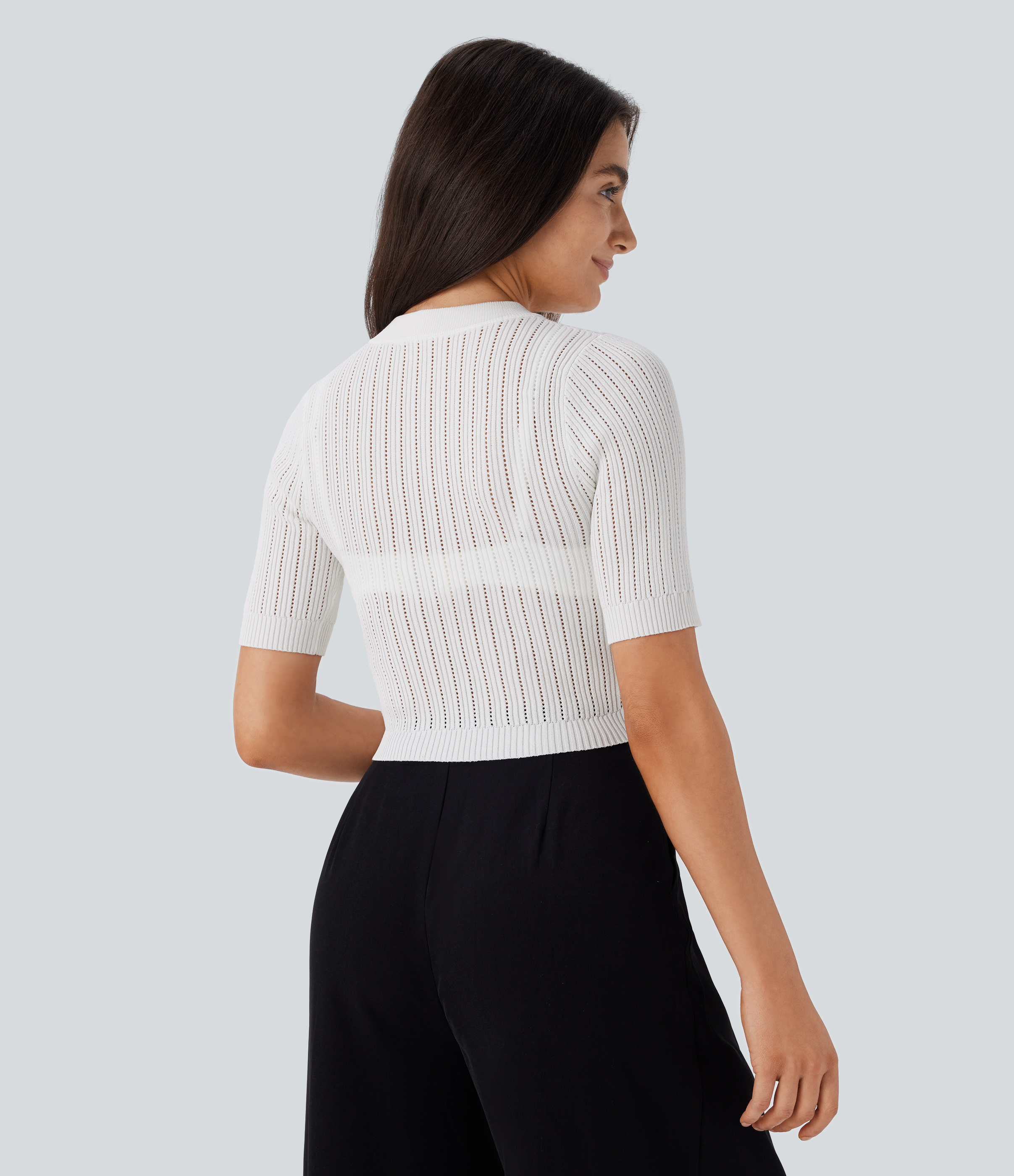 Halara Round Neck Short Sleeve Cut Out Work Sweater  - White - XL 