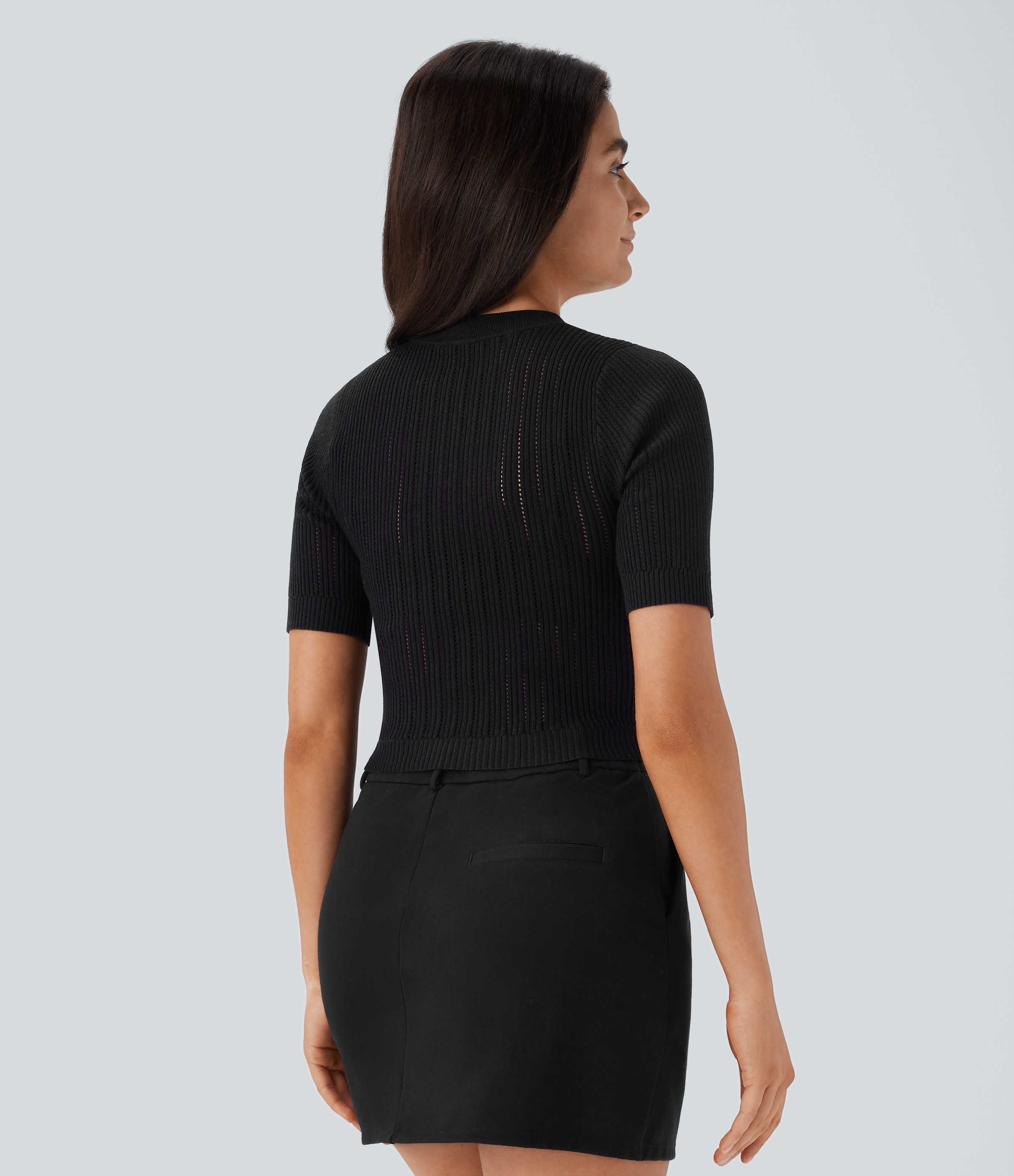 Halara Round Neck Short Sleeve Cut Out Work Sweater  - Black - XL 