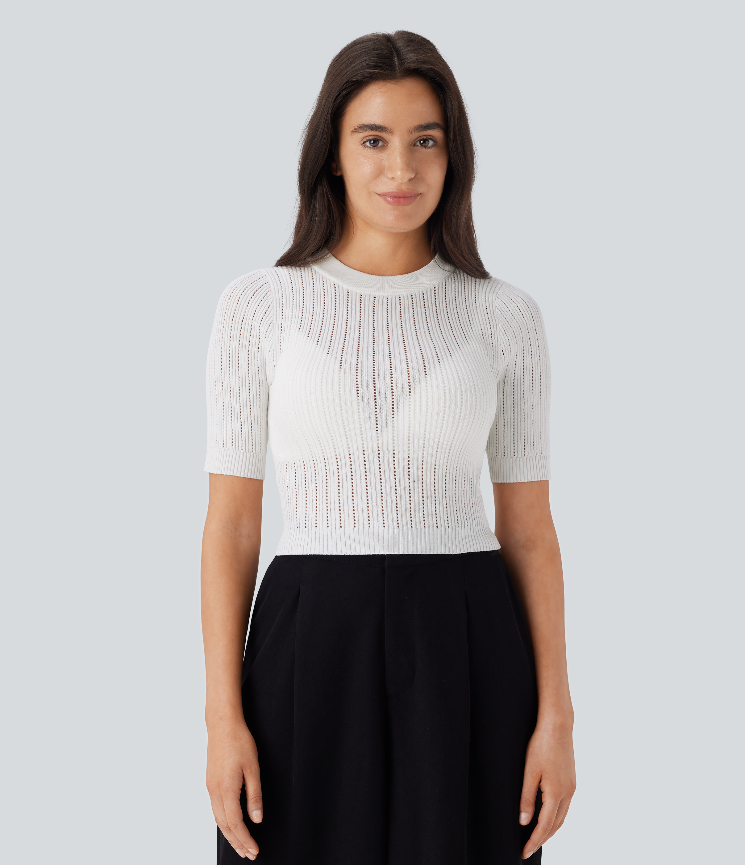 Halara Round Neck Short Sleeve Cut Out Work Sweater  - White - XL 