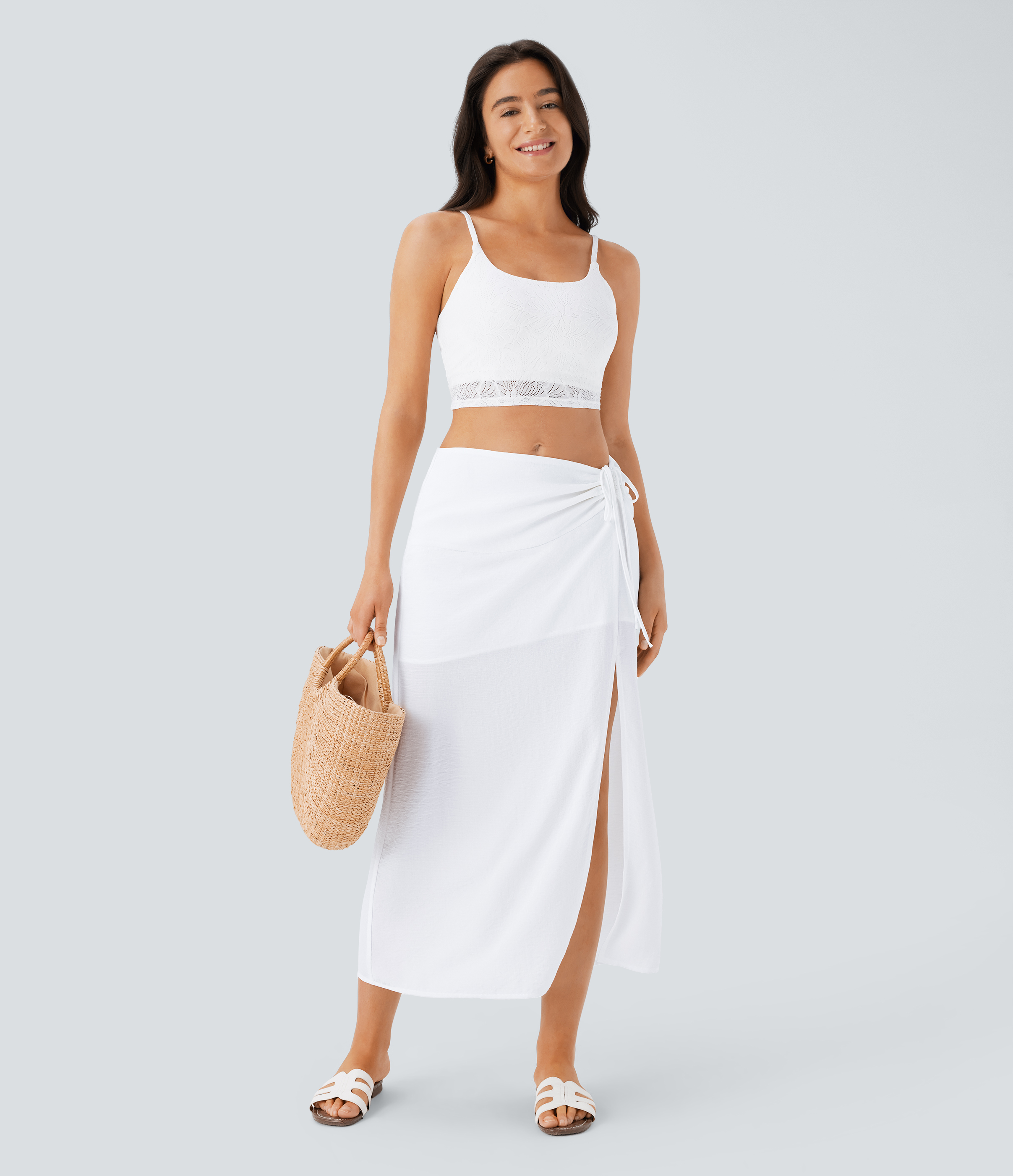 Halara Mid Rise Drawstring Ruched Invisible Zipper 2-in-1 Split Midi Resort Linen-Feel Skirt  - White - XS(regular) 