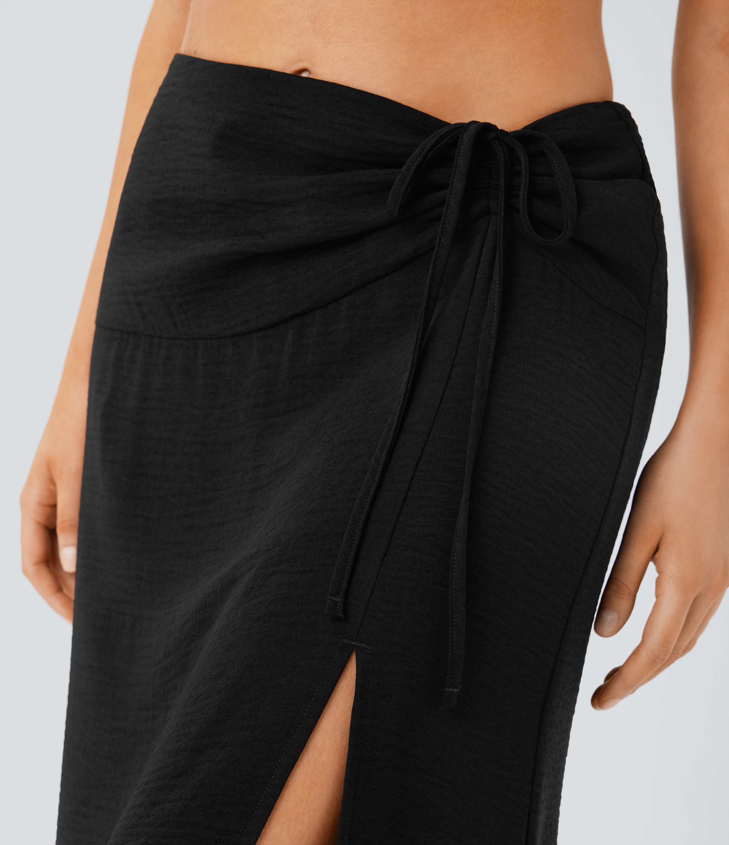 Halara Mid Rise Drawstring Ruched Invisible Zipper 2-in-1 Split Midi Resort Linen-Feel Skirt  - Black - S(regular) 