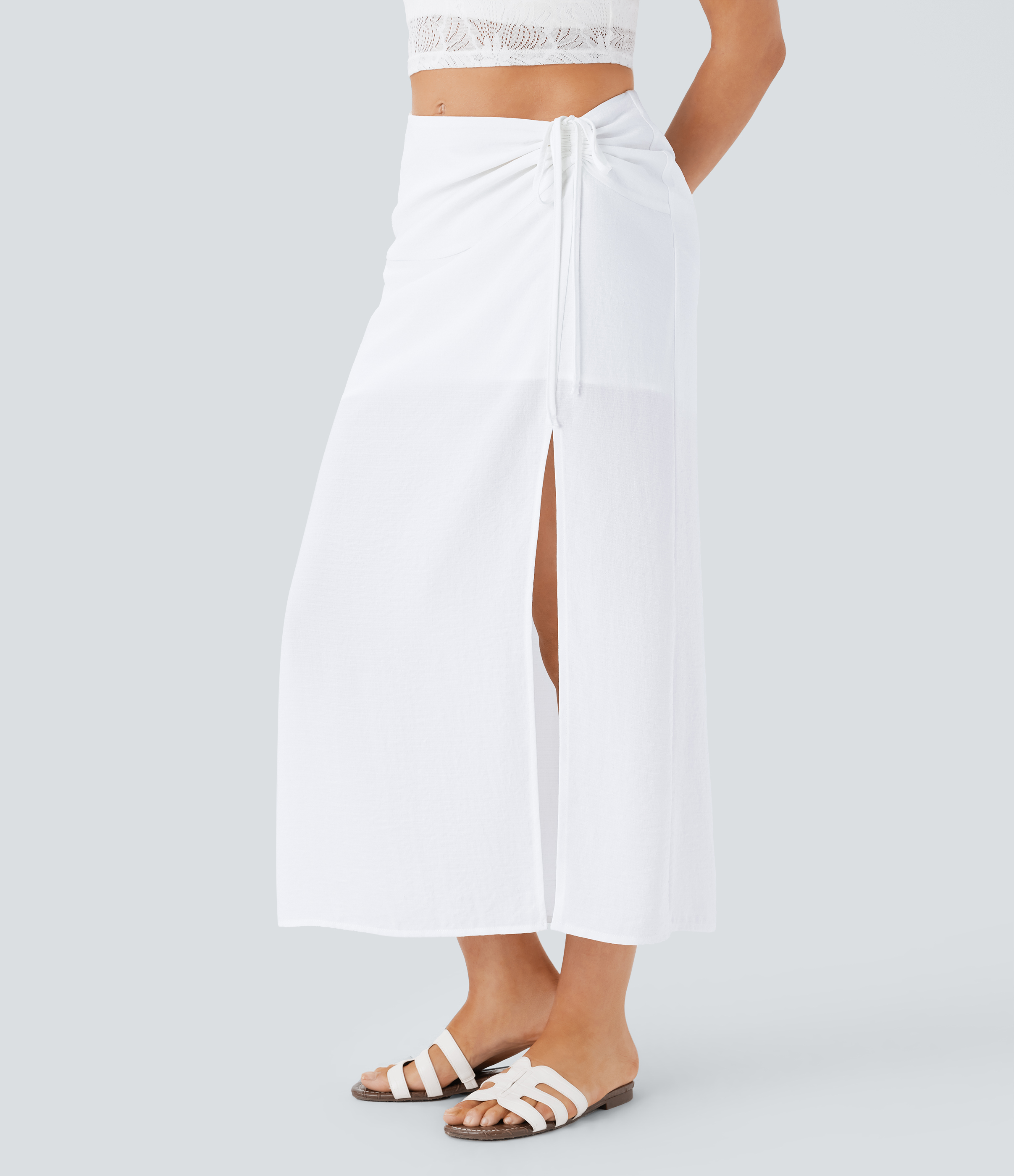 Halara Mid Rise Drawstring Ruched Invisible Zipper 2-in-1 Split Midi Resort Linen-Feel Skirt  - White - XS(regular) 