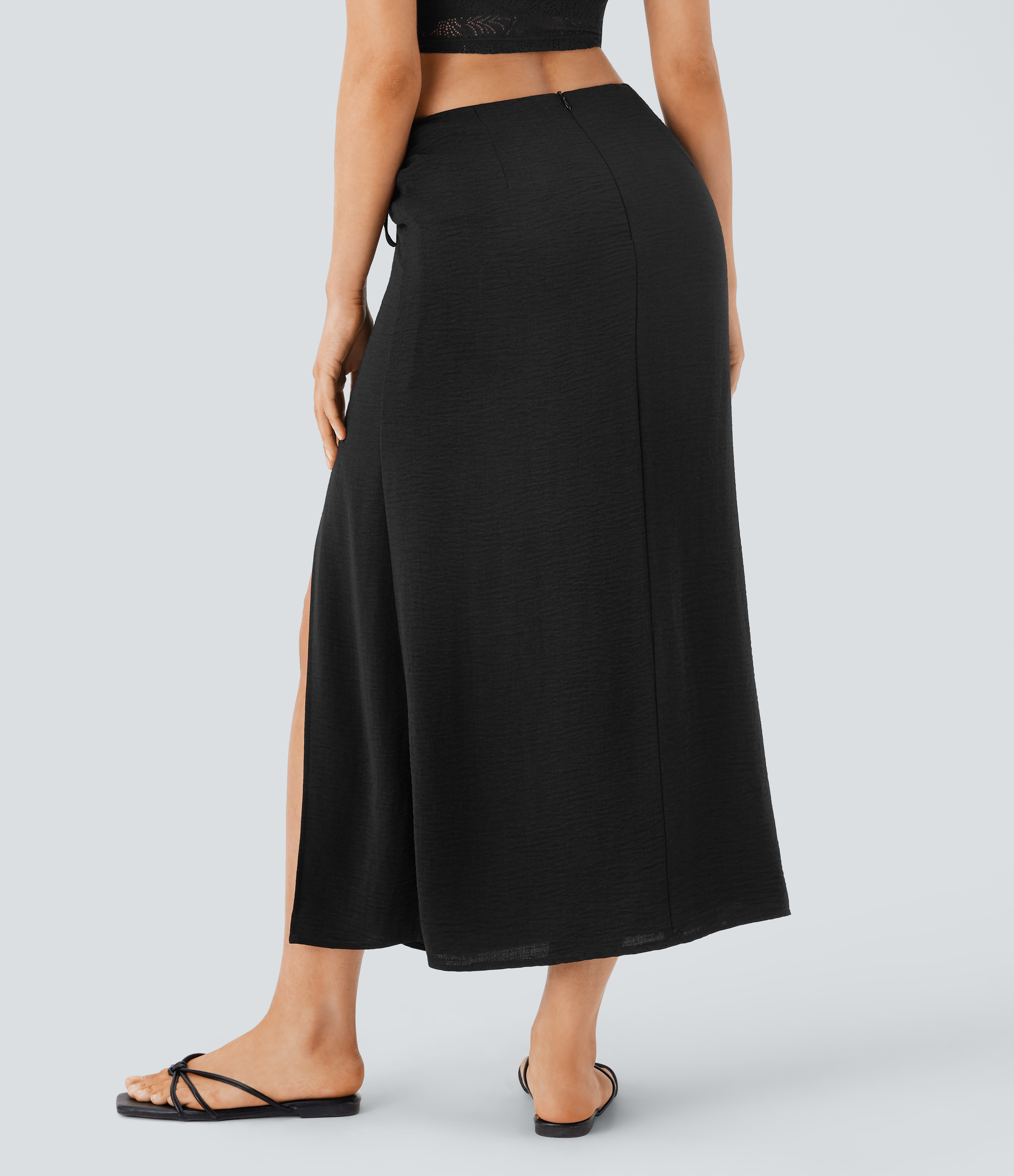 Halara Mid Rise Drawstring Ruched Invisible Zipper 2-in-1 Split Midi Resort Linen-Feel Skirt  - Black - S(regular) 