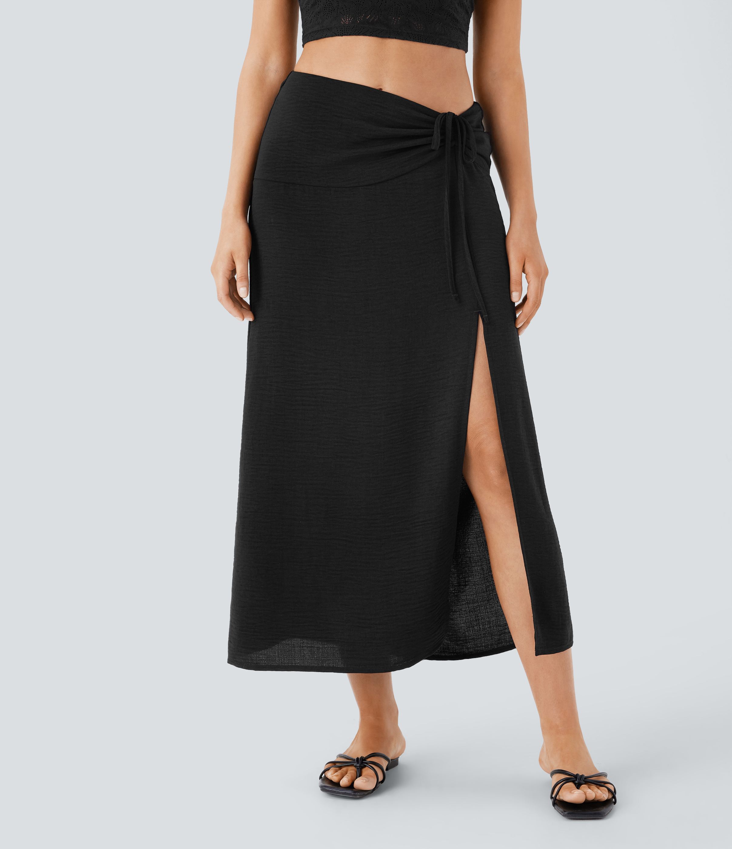 Halara Mid Rise Drawstring Ruched Invisible Zipper 2-in-1 Split Midi Resort Linen-Feel Skirt  - Black - S(regular) 
