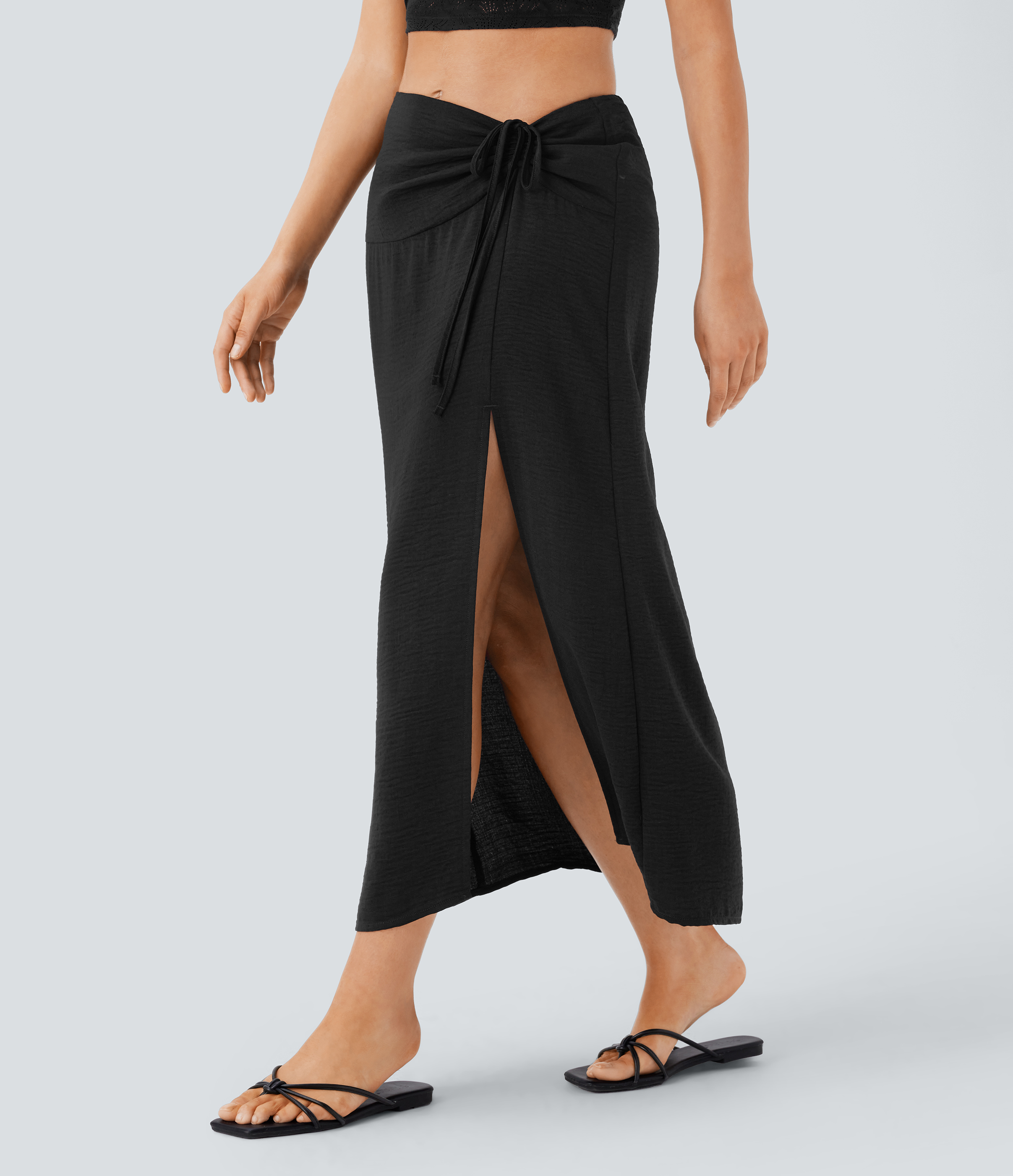 Halara Mid Rise Drawstring Ruched Invisible Zipper 2-in-1 Split Midi Resort Linen-Feel Skirt  - Black - S(regular) 
