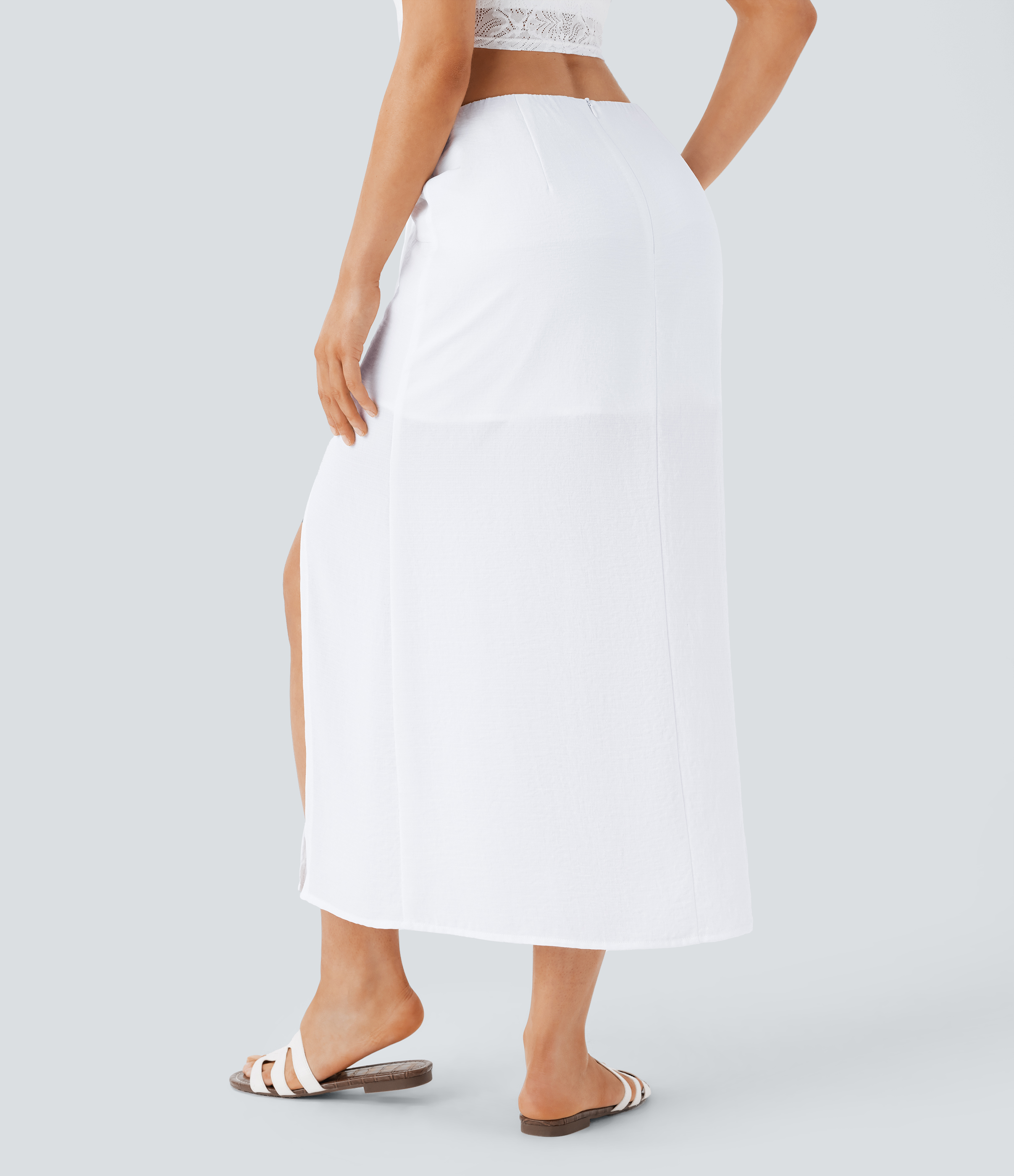 Halara Mid Rise Drawstring Ruched Invisible Zipper 2-in-1 Split Midi Resort Linen-Feel Skirt  - White - XS(regular) 