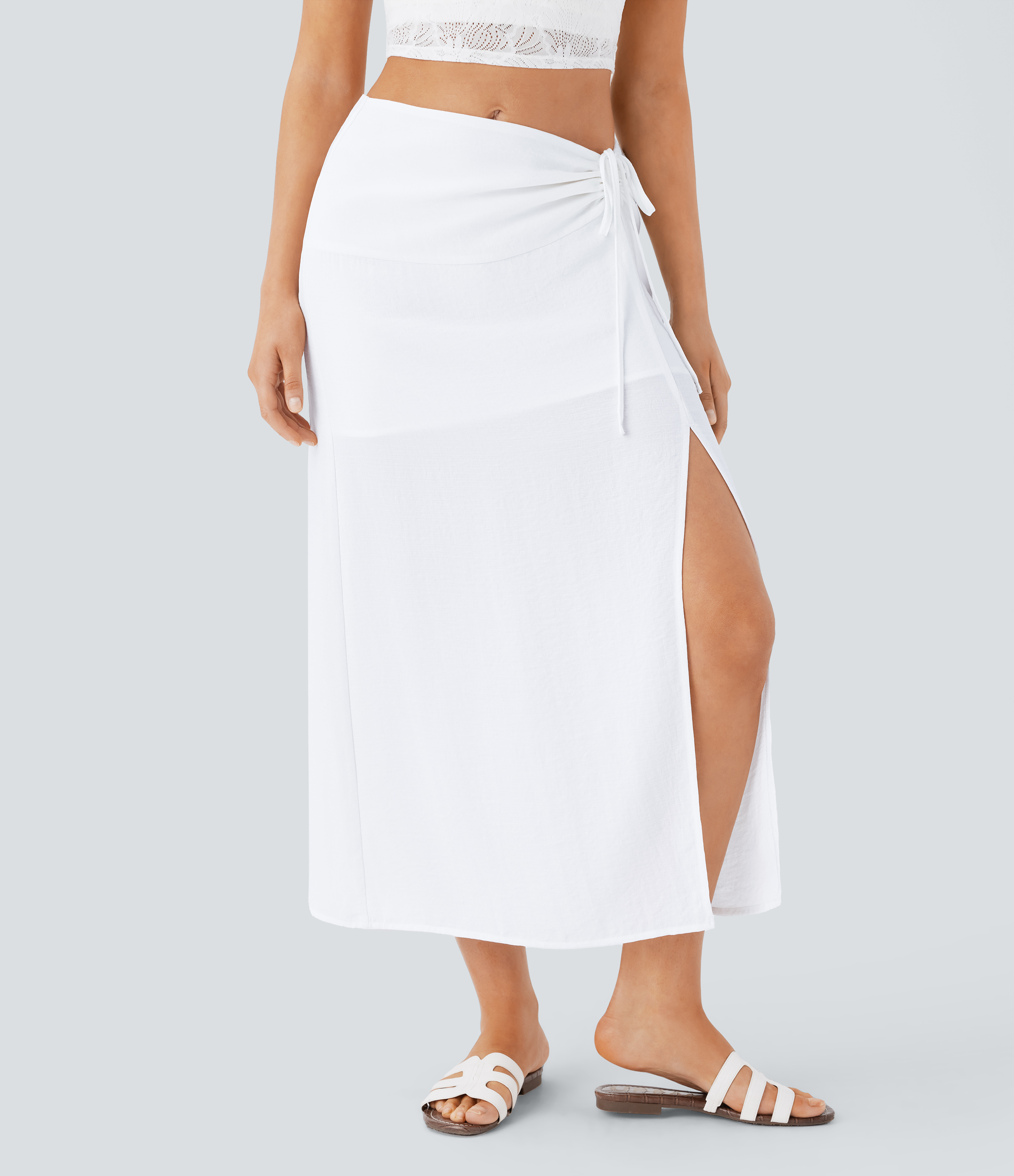 Halara Mid Rise Drawstring Ruched Invisible Zipper 2-in-1 Split Midi Resort Linen-Feel Skirt  - White - XS(regular) 