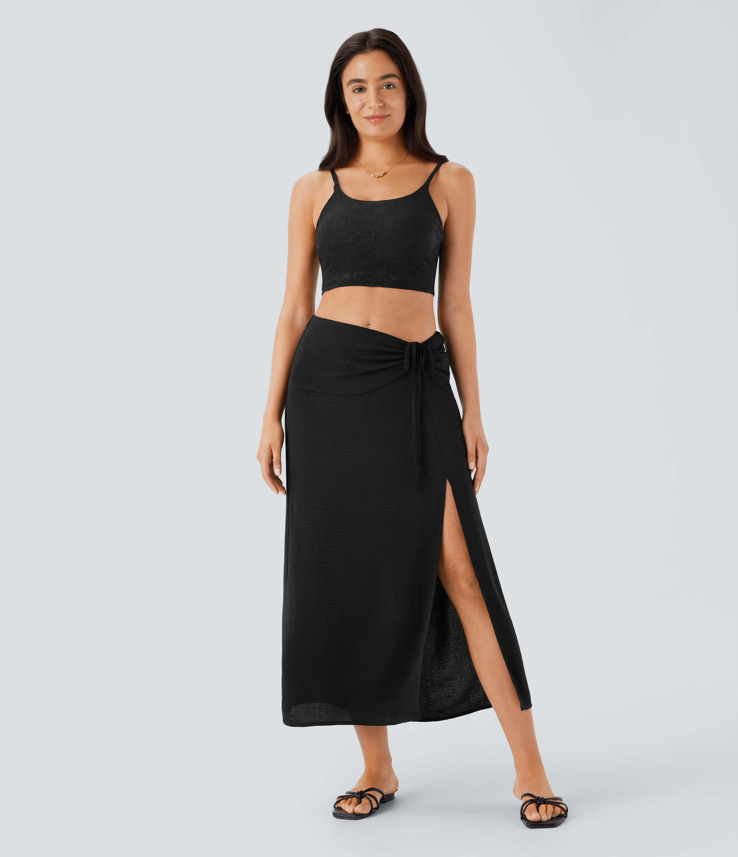 Halara Mid Rise Drawstring Ruched Invisible Zipper 2-in-1 Split Midi Resort Linen-Feel Skirt  - Black - S(regular) 
