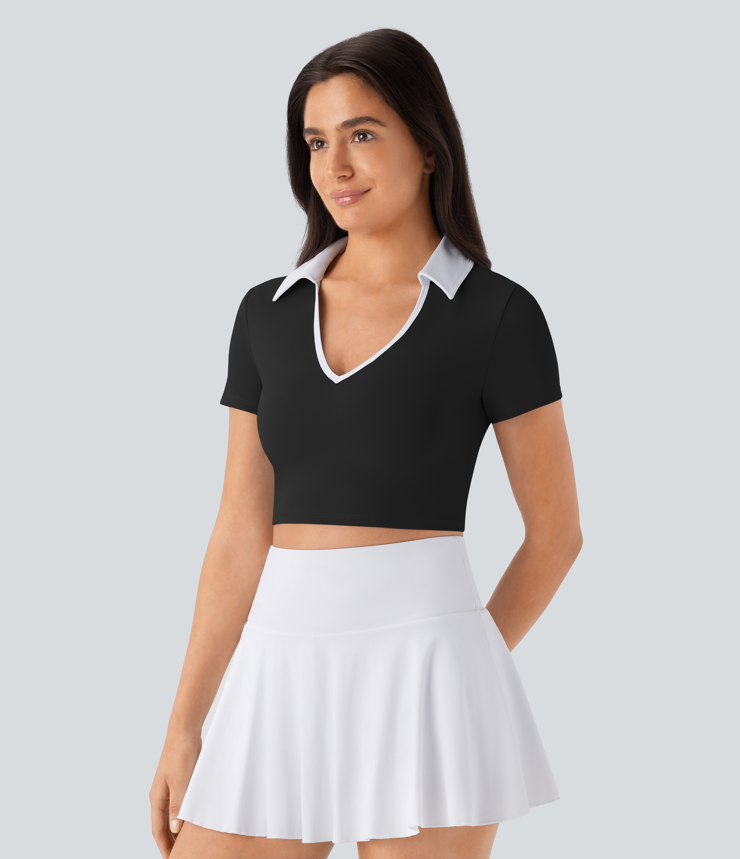 Halara Color Block Collared Cropped Quick Dry Tennis Sports Top  - Black - L 
