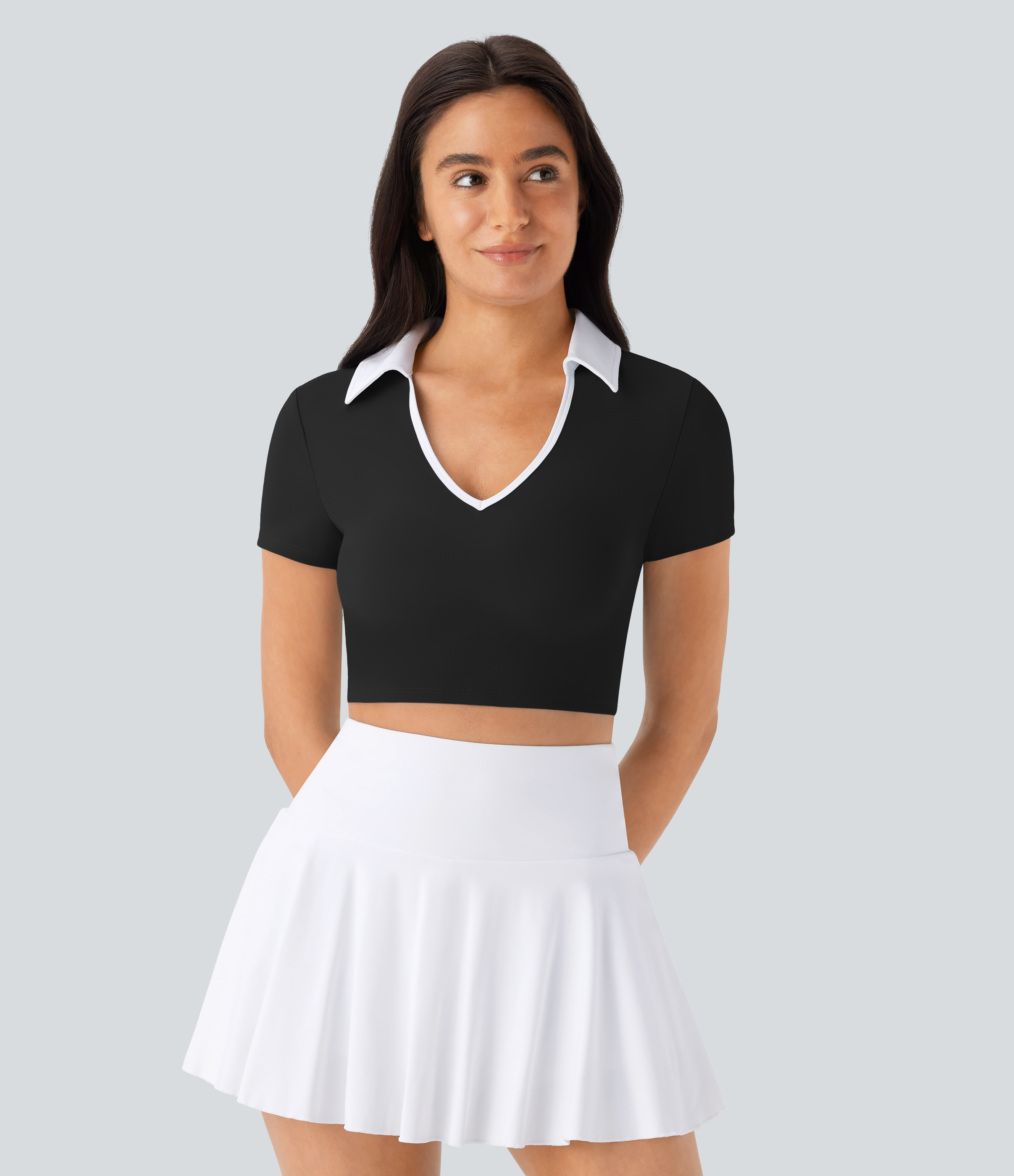 Halara Color Block Collared Cropped Quick Dry Tennis Sports Top  - Black - L 