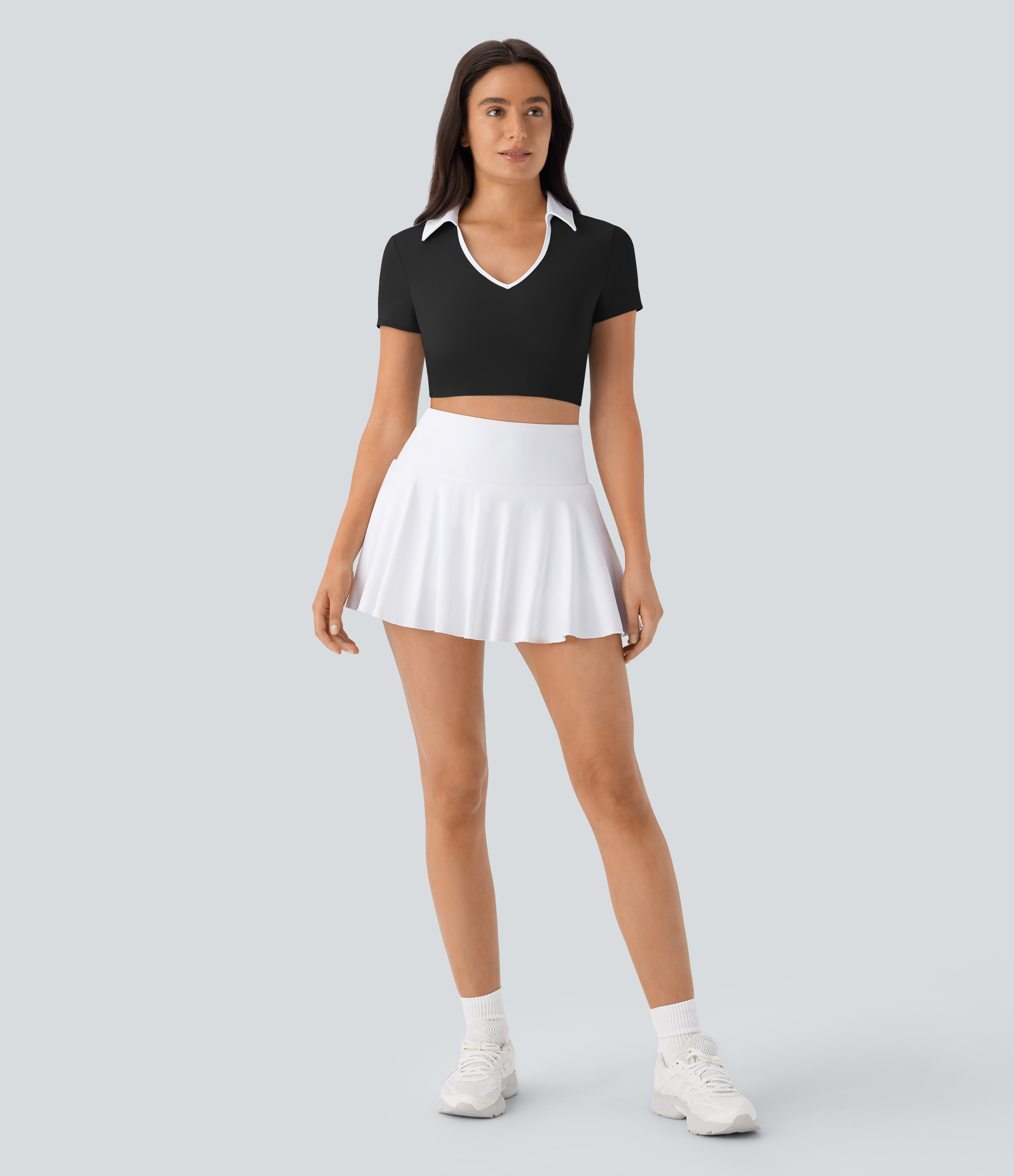 Halara Color Block Collared Cropped Quick Dry Tennis Sports Top  - Black - L 