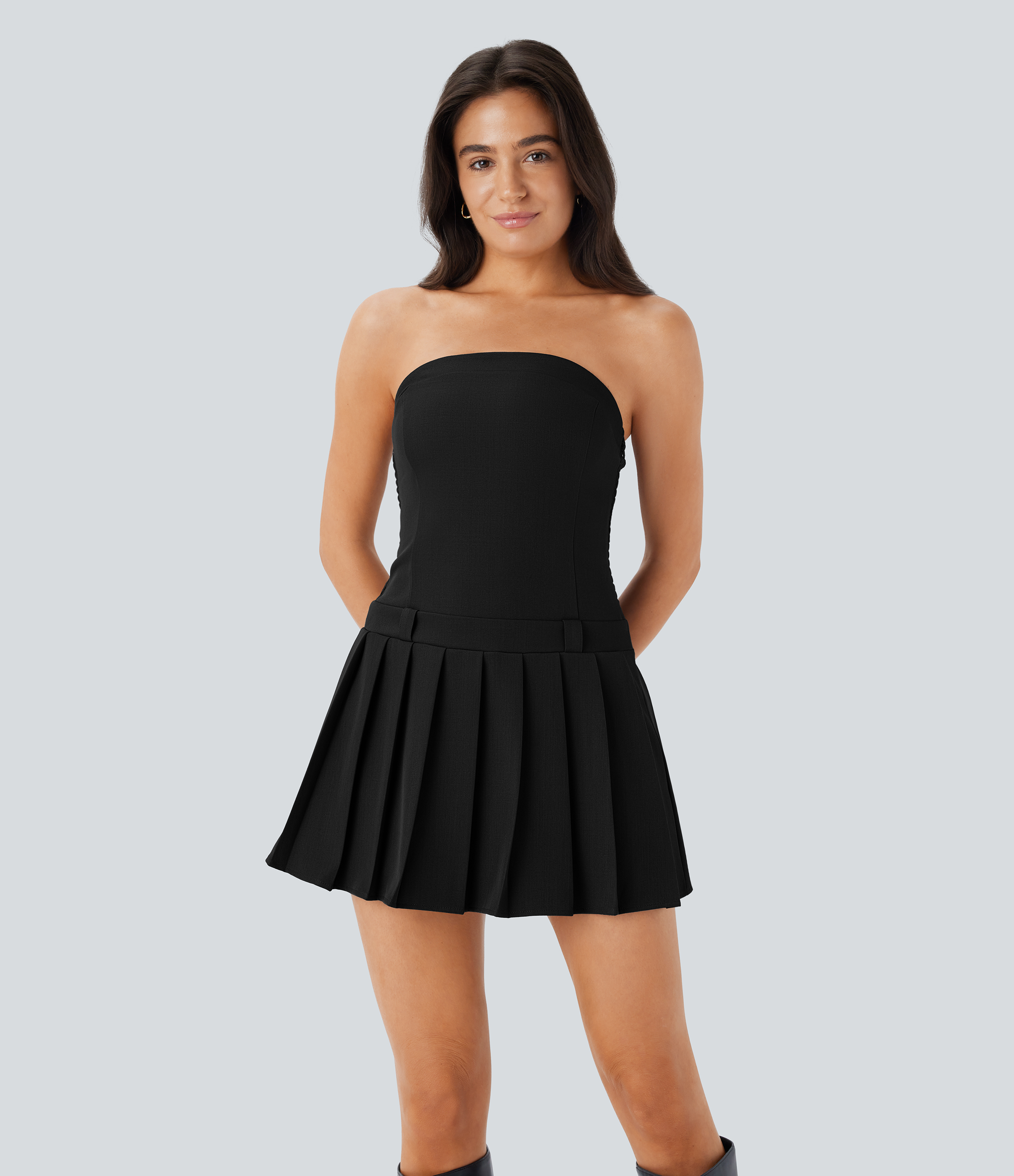 Halara Side Invisible Zipper Shirred Pleated Hem Mini Casual Tube Dress Casual Dress - Black - XL slip dress beach dress ruched dress 