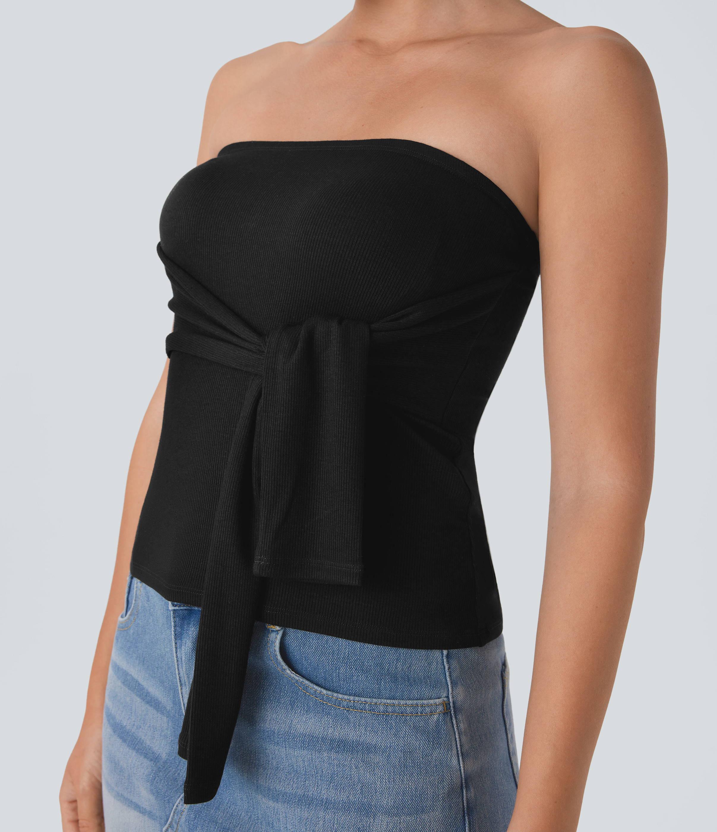 Halara Ribbed Knit Tie Front Skinny Casual Tube Top Tank Top - Black - S golf tops halter top tunic tops sleeveless tops backless top 